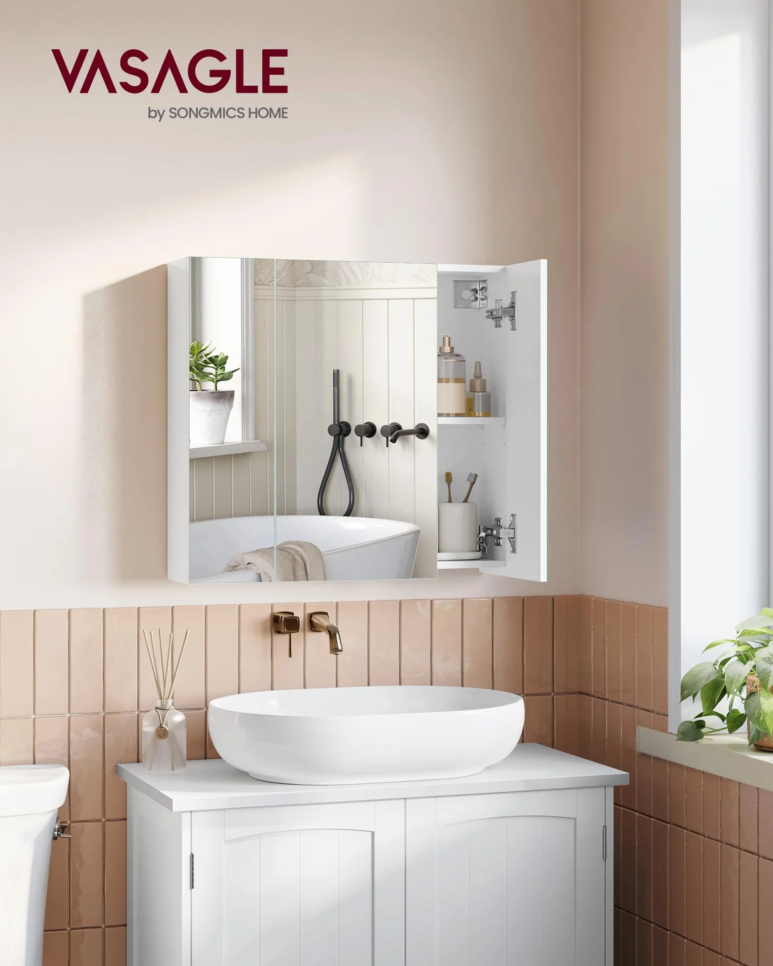 VASAGLE BBK22WT szafka ścienna, łazienka, szafka z lustrem, szafka do przechowywania 3 drzwi, 60 x 15 x 55 cm, z regulowanym regałem, nowoczesna, biała, BBK22WT