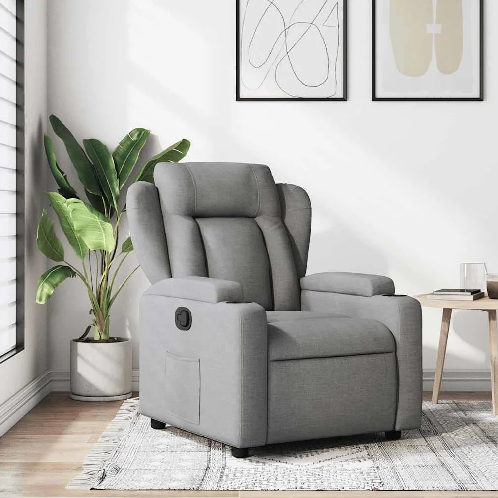Fotel relaksacyjny, jasnoszary, materiał z ręczną funkcją leżenia, regulowany, ergonomiczny, wygodny fotel z podłokietnikami i oparciem z drewna i metalu, do salonu, kącika do czytania i biura