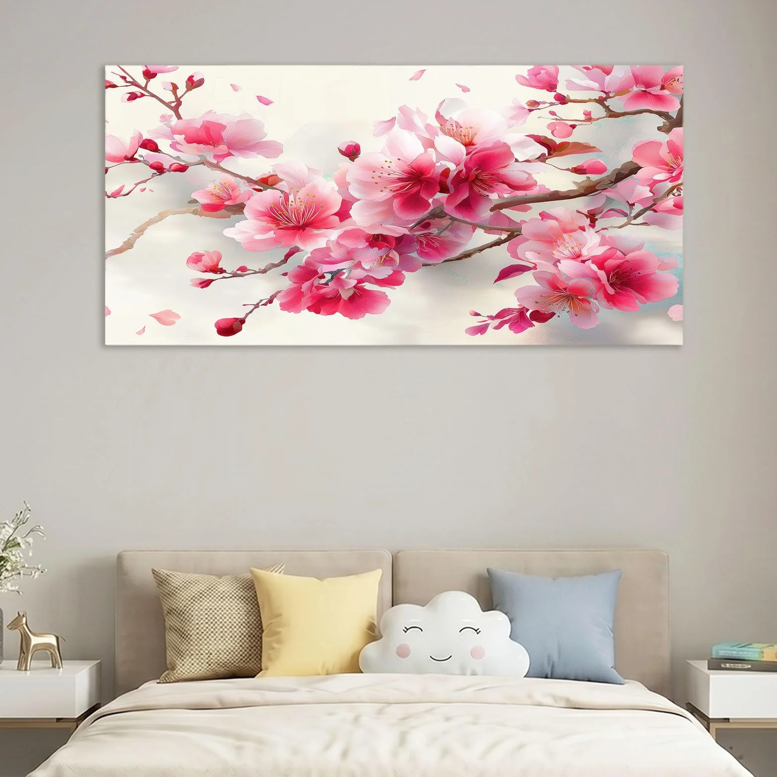 Obraz ścienny orientalny chiński obraz na płótnie - obraz na płótnie 140 x 70 cm, wydruk na płótnie z gałązką kwiatową, oprawiona sztuka ścienna do salonu i sypialni, dekoracja ścienna, różowy