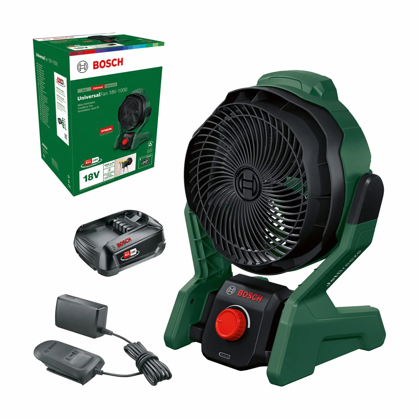 Bosch Home and Garden Przenośny wentylator akumulatorowy UniversalFan 18V-1000 (1 akumulator 2,0 Ah, system 18V, zastosowania: majsterkowanie, kemping i wiele innych, przepływ powietrza: 1 000 m³/h)