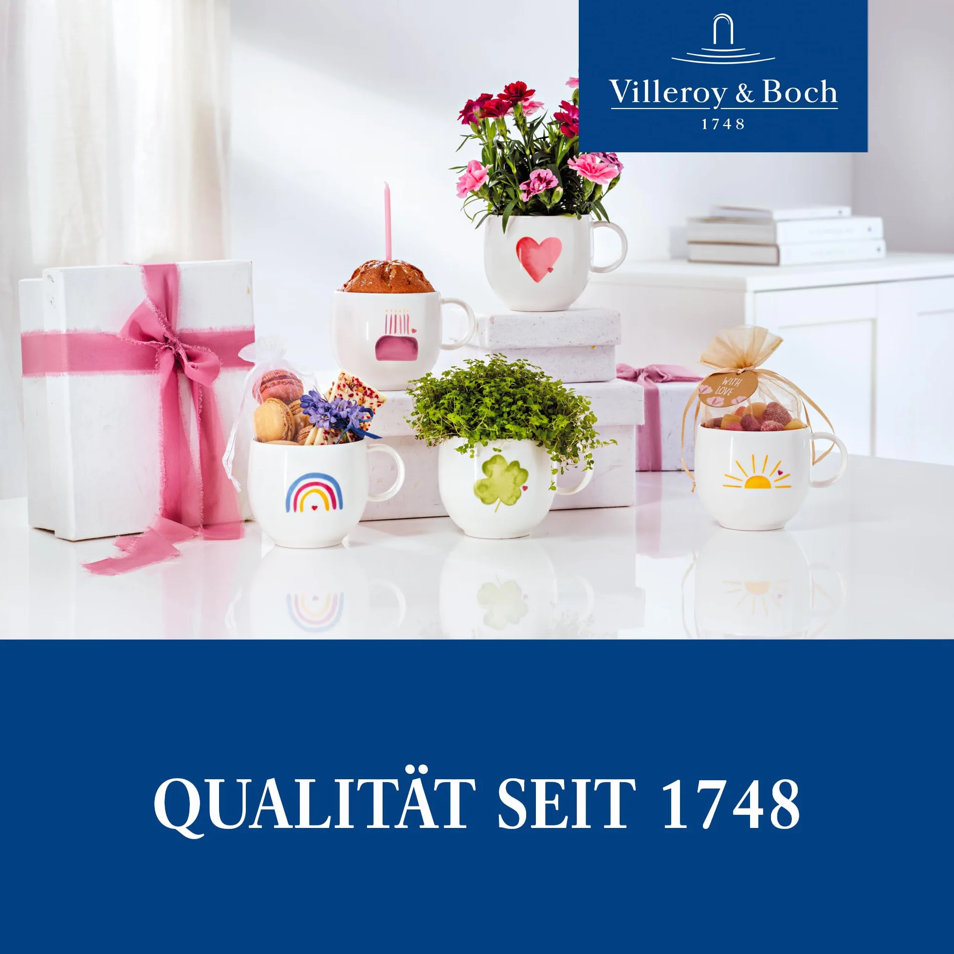 Villeroy & Boch – With Love kubek z uchem Good Luck 12,5x9,5x8,5 cm, porcelana Premium, filiżanka do kawy i herbaty, 290 ml, zmywarka, mikrofala