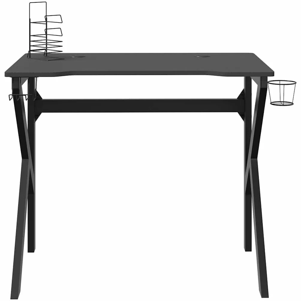 Hothingwell Biurko do gier z nogami w kształcie litery K, czarne, 90x60x75 cm | Zintegrowany uchwyt na słuchawki, uchwyt na kubek, drewno inżynieryjne, ergonomiczna konstrukcja do gier