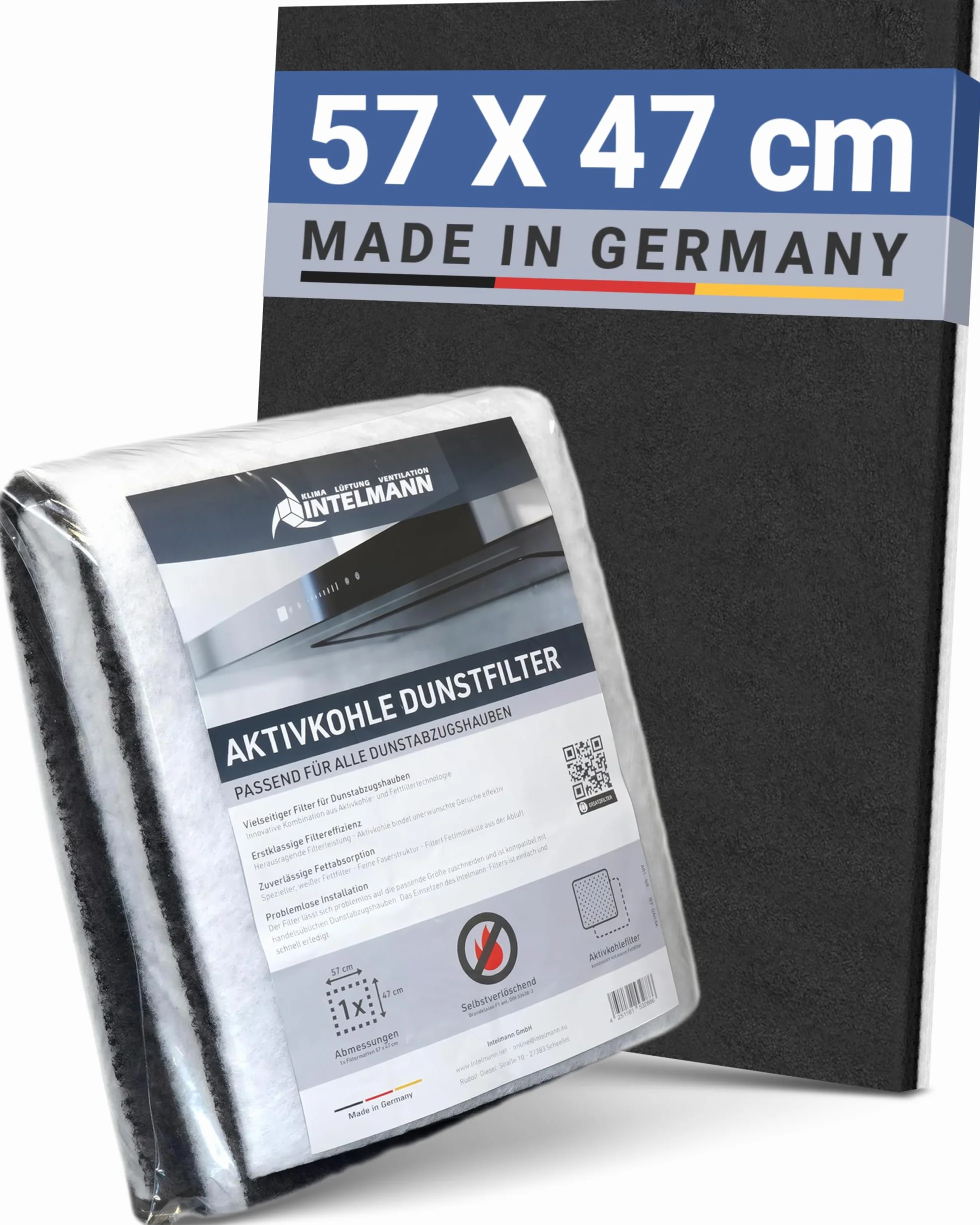 Intelmann® Uniwersalny filtr do okapów kuchennych z węglem aktywnym i filtrem tłuszczu, 57 x 47 cm, bardzo gruba warstwa węgla aktywnego, możliwość przycięcia, zapewnia niezawodne wchłanianie zapachu