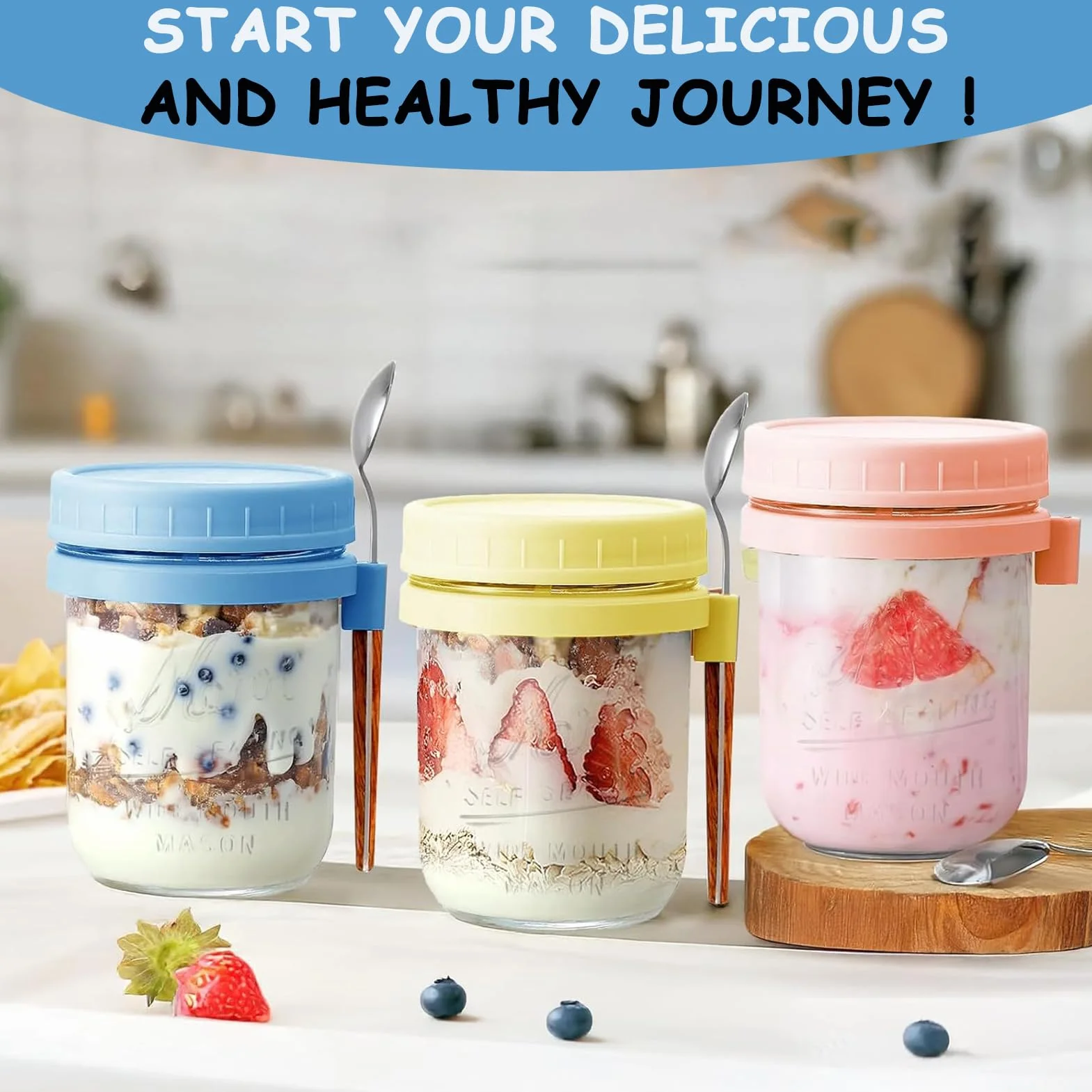 4 Sztuki Overnight Oats Słoiki z Pokrywką i Łyżeczkami, 480 ml Słoik Śniadaniowy na Owsiankę Słoiki do Przygotowywania Posiłków na Chutney, Pudding, Jogurt, Owoce, Przyprawy, Fasola
