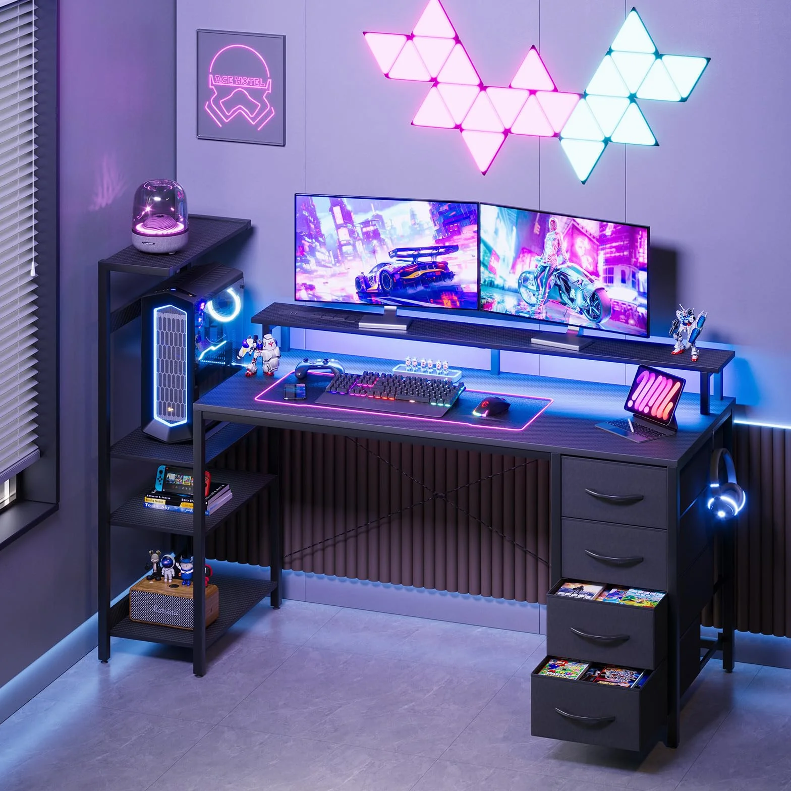 APICIZON Biurko gamingowe 150 cm z szafką na książki – odwracalne biurko komputerowe z oświetleniem LED RGB, 2 porty USB, uchwyt na głowę i uchwyt na kubek, wygląd karbonu, kolor czarny