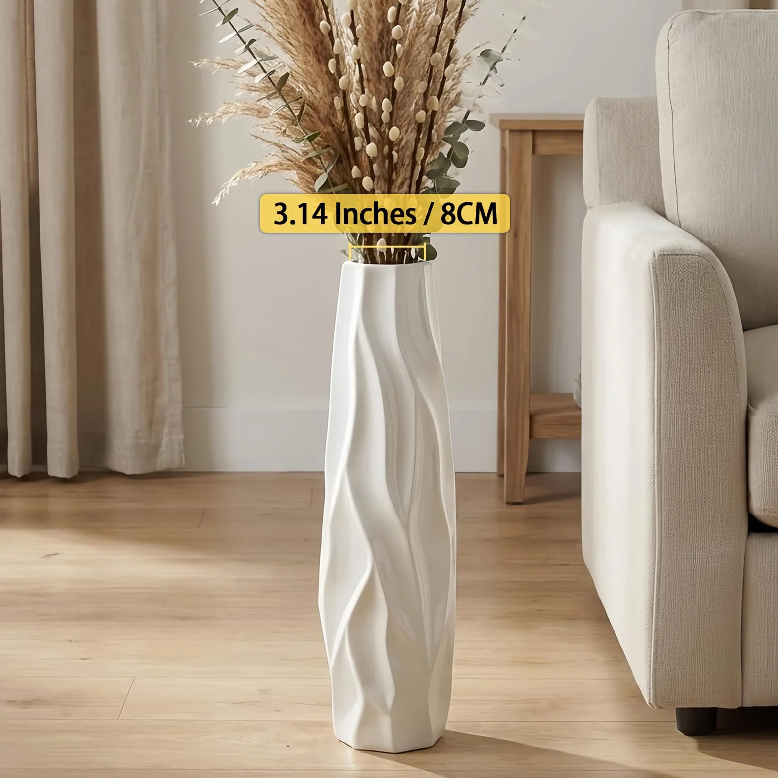 Duży biały wazon ceramiczny, 60 cm, dekoracyjny wazon podłogowy do salonu, biura i sypialni, stylowy wazon na kwiaty na trawę pampasową