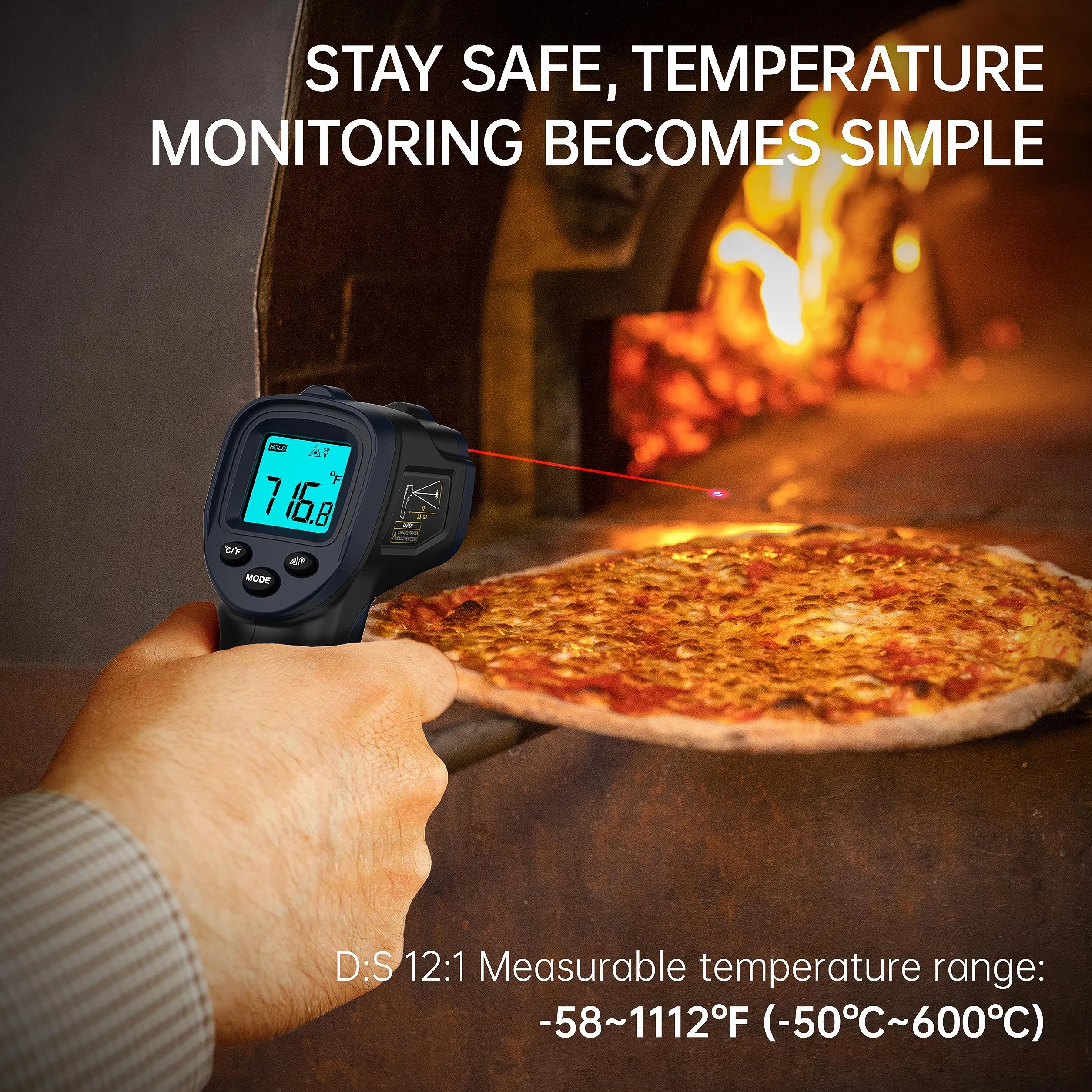 Termometr na podczerwień ERICKHILL -50℃~600℃ Podstawowy bezdotykowy cyfrowy laserowy pistolet do pomiaru temperatury Wyświetlacz LCD, regulowana emisyjność - do gotowania/grillowania, czarno-niebieski
