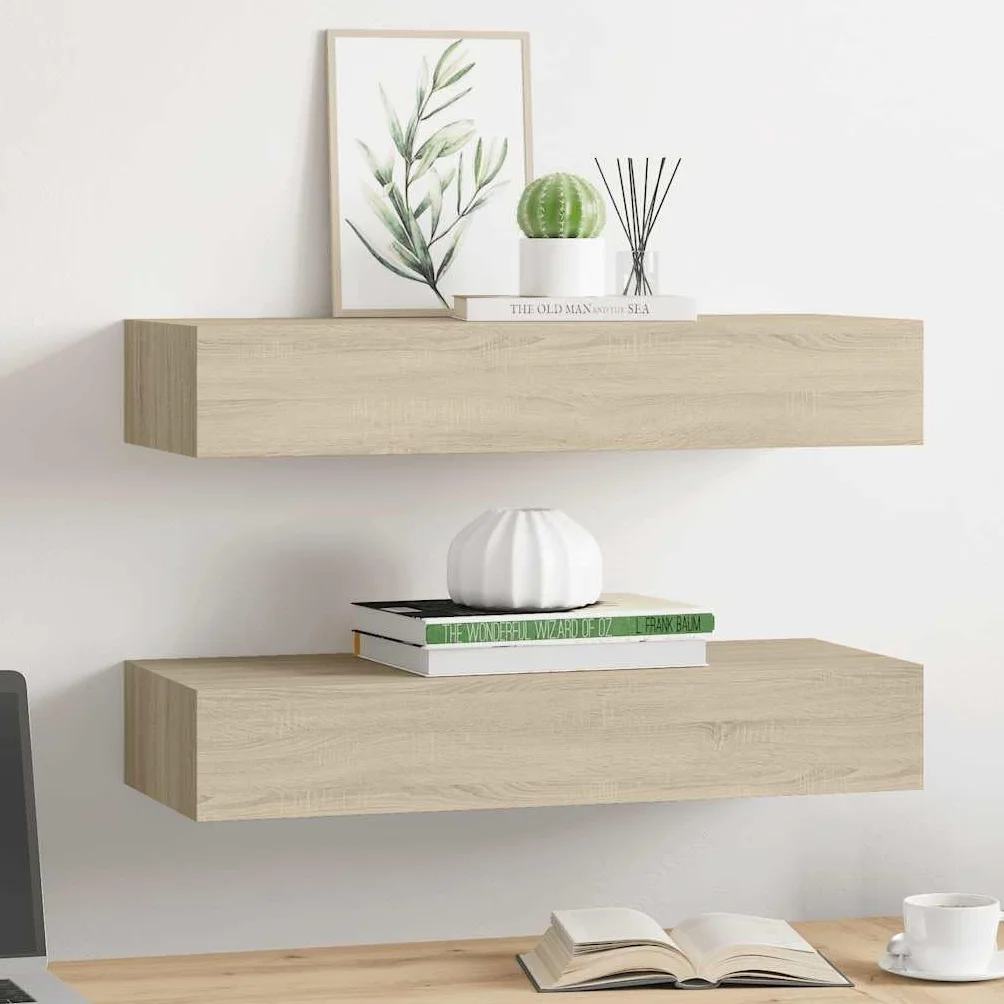 Regały ścienne z szufladami, 2 szt., wygląd dębu, 60 x 23,5 x 10 cm MDF, wiszące półki do montażu na ścianie, uniwersalna półka do salonu