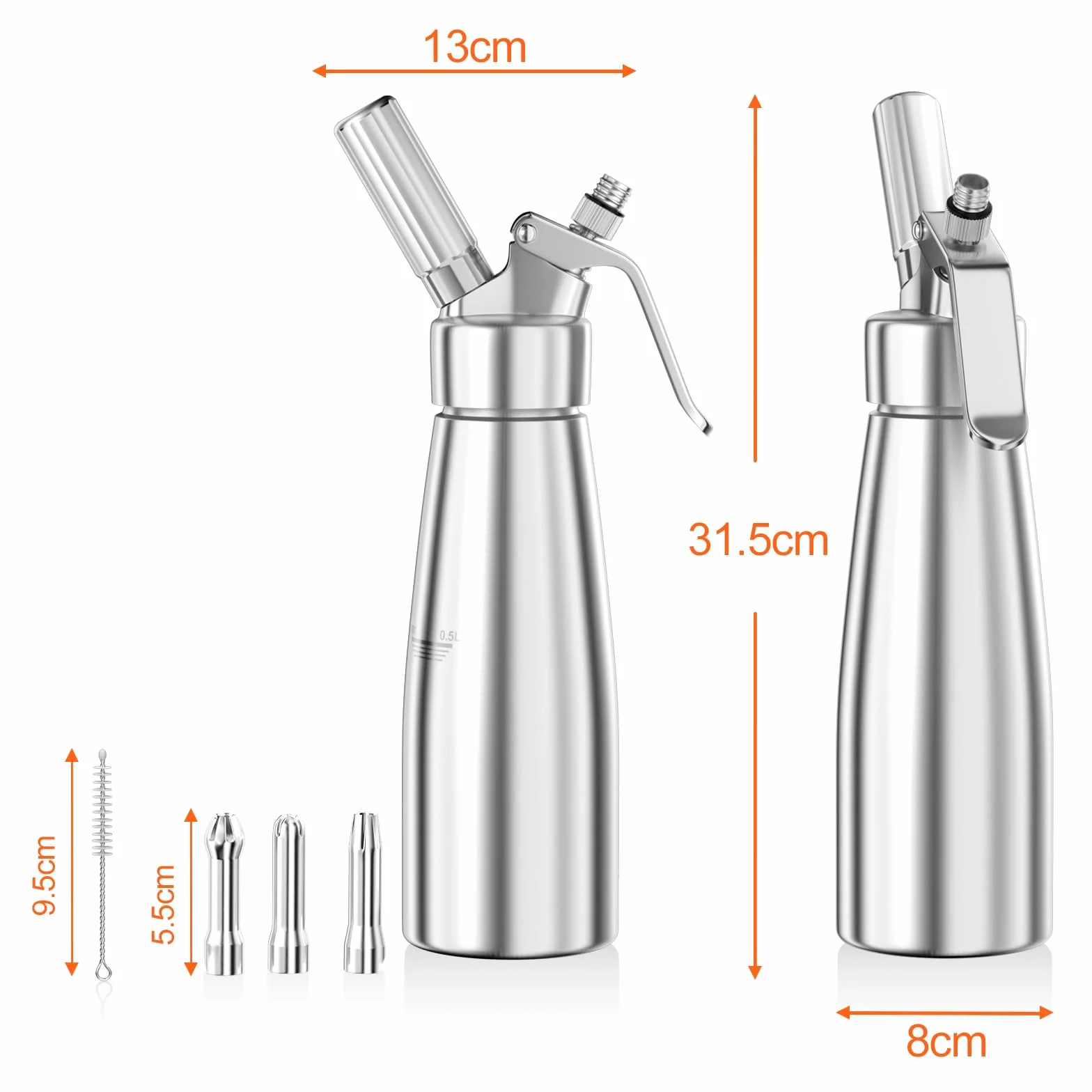 Newaner Syfon do bitej śmietany 500 ml, z aluminium, z 3 końcówkami ze stali nierdzewnej, 1 szczotka do czyszczenia, do dekoracji tortów urodzinowych, ciast, lodów i deserów