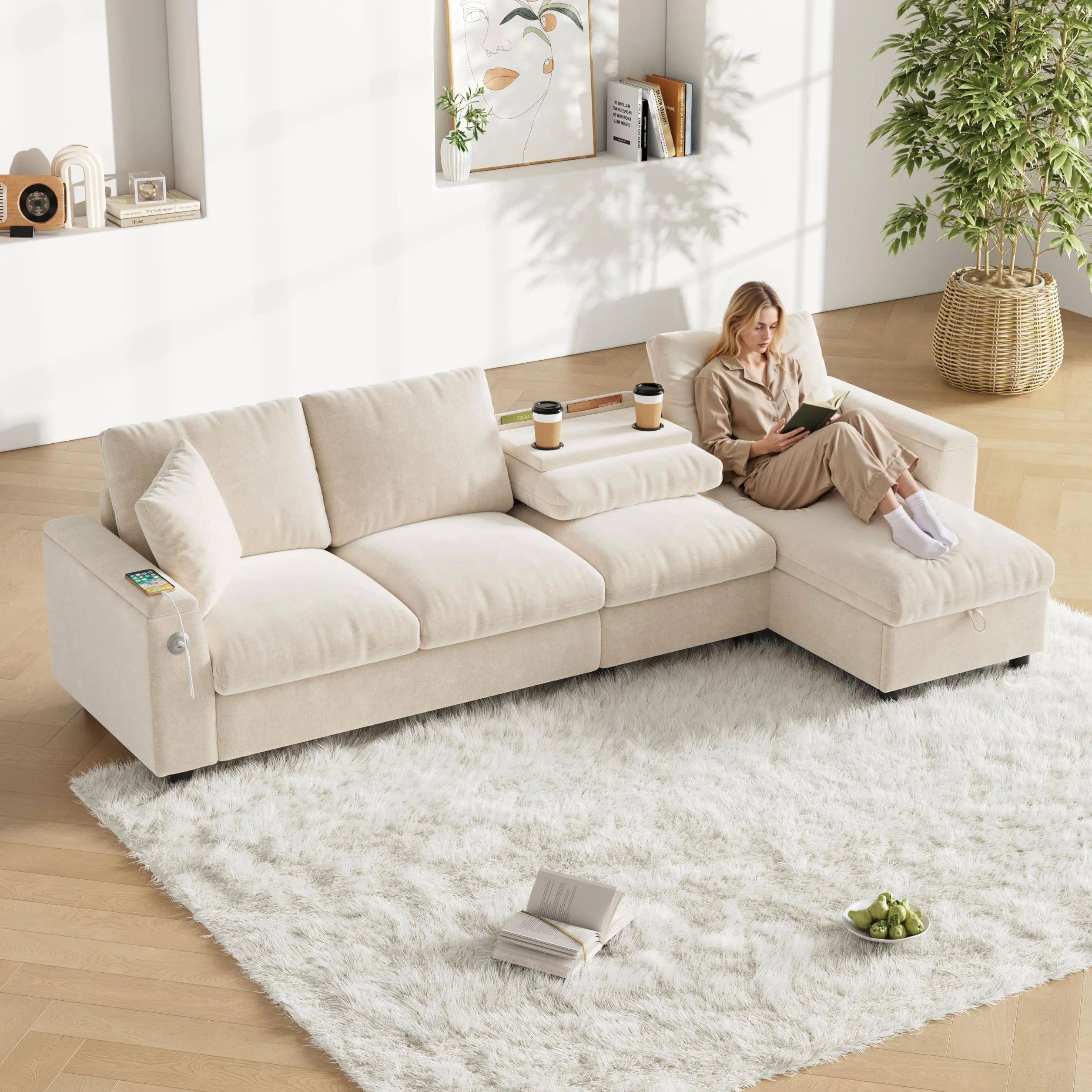 Sofa narożna L z funkcją spania, szenilowa, z miejscem do przechowywania + stolik kawowy, USB-C