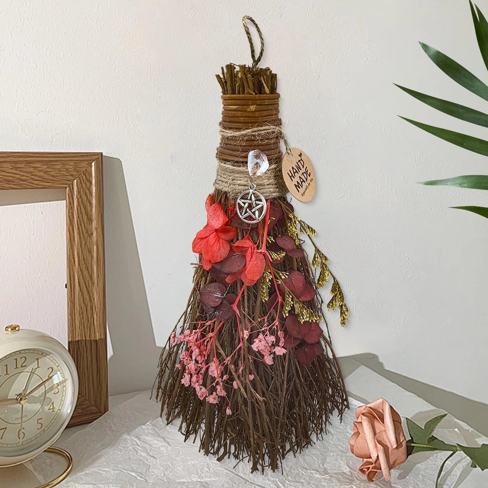Miotła cynamonowa 19 cm, mini miotła czarownicy Boże Narodzenie, do majsterkowania, dekoracyjna miotła z suszonymi kwiatami, wicca, miotła, czarownica, akcesoria na magiczne ceremonie, Halloween