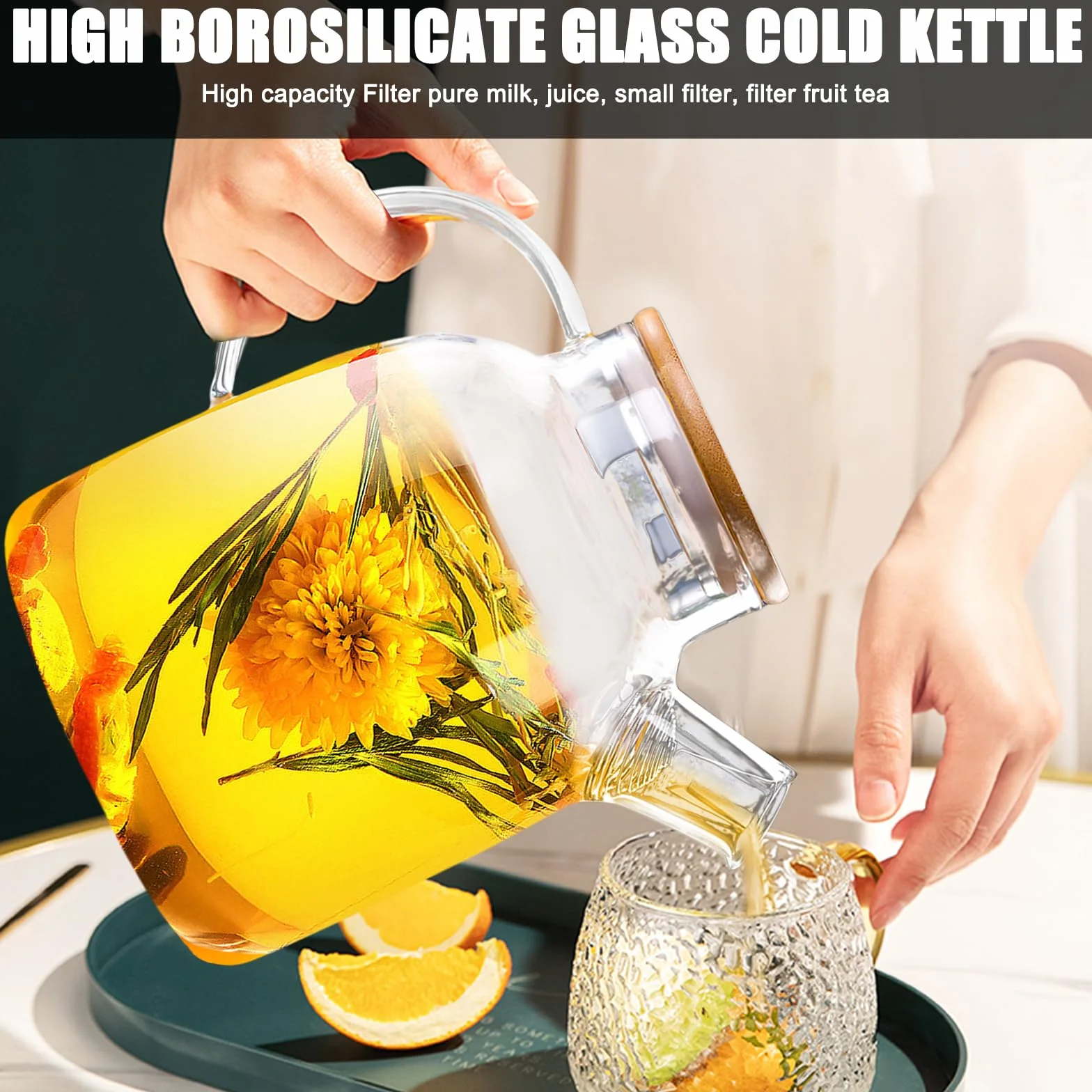 Szklany dzbanek do herbaty 1,6 l ze szczotką do czyszczenia, bambusową pokrywką, zestaw ze szkła borokrzemowego