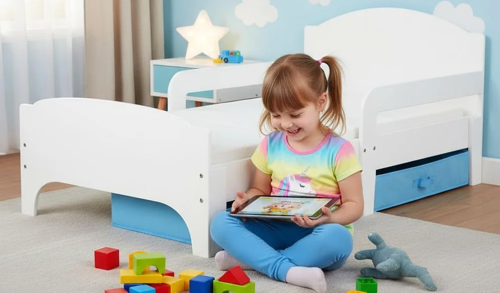 Leomark łóżko dziecięce SMART 70 x140 cm pojedyncze łóżeczko z szufladami na pościel, materacem i barierką ochronną Białe + niebieskie szuflady