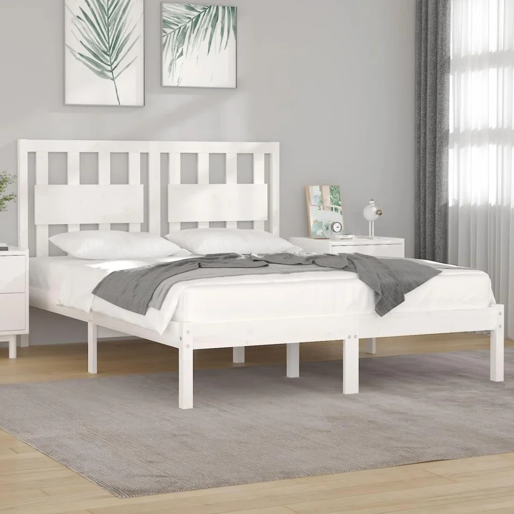 lite drewno sosnowe klasyczna rama 120 x 200 cm biały | Rama łóżka 120x200 cm biała lite drewno sosnowe z zagłówkiem stabilna konstrukcja do sypialni