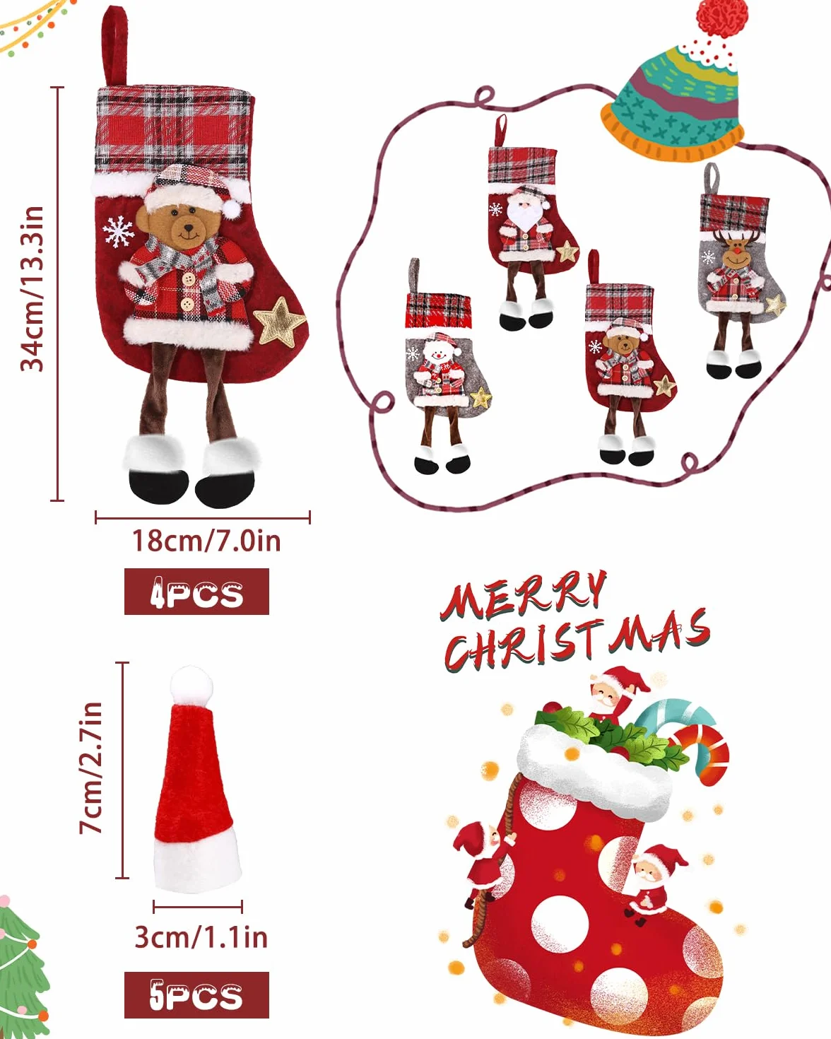 4 szt. Skarpety świąteczne,Zestaw Skarpet Mikołajów,Kreatywne Pończochy Wiszące Dekoracja Bożonarodzeniowa Torba Prezenty Sezonowa Dekoracja Motyw Świętego Mikołaja Renifera Niedźwiedź