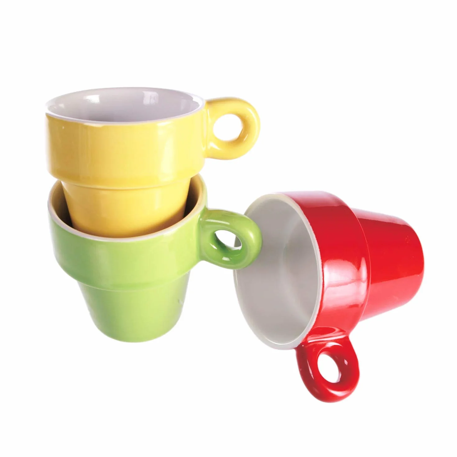 Zestaw 6 mini kubków do espresso z metalową podstawką/Materiał: ceramika/Wymiary: 5,5 x 7 cm