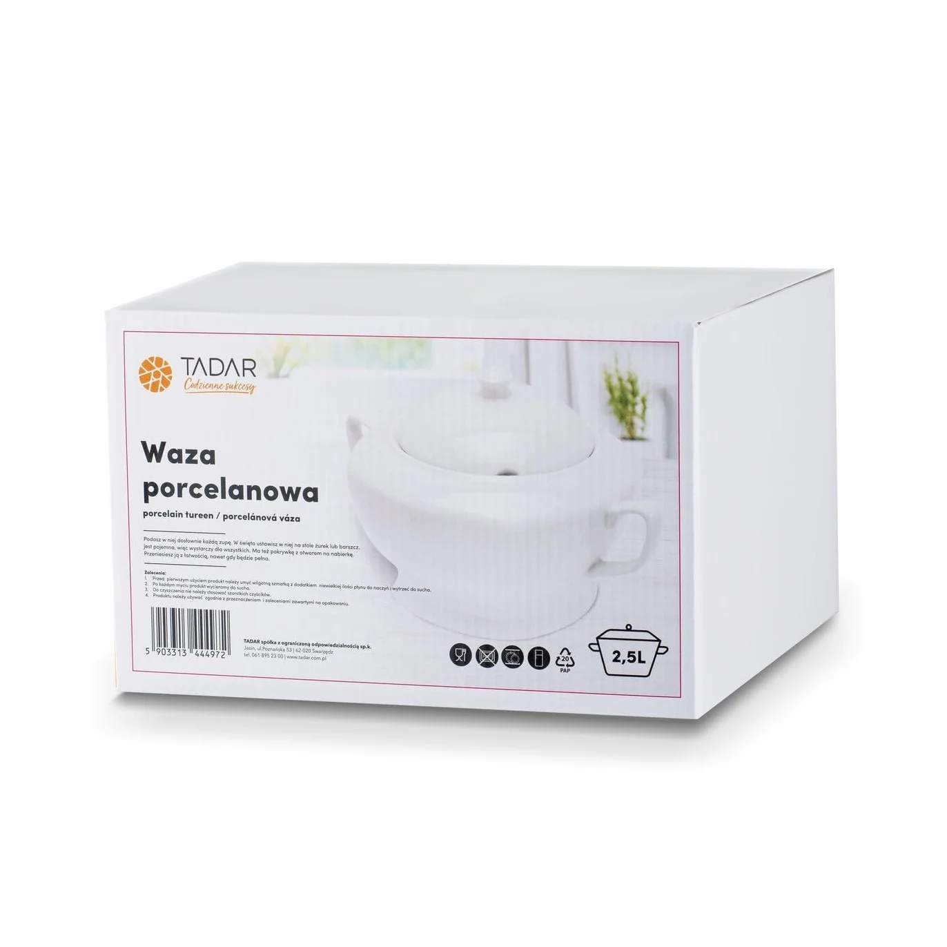 Waza do zupy Tadar 2,5 l biała Waza porcelanowa do podawania rosołu i innych zup