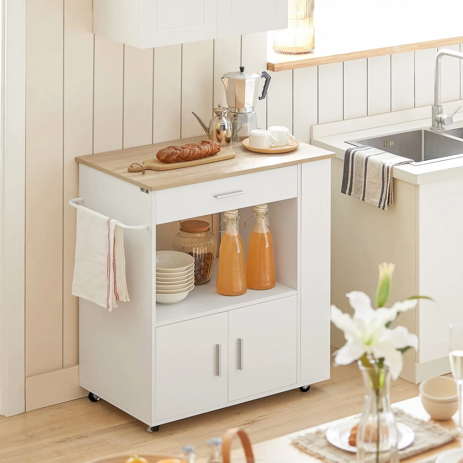 SoBuy FKW113-WN Wyspa kuchenna Stolik Barek Kuchenny Wózek Barek Mikrofalową na Kółkach Szafka Mobilna Kredens (Biały)