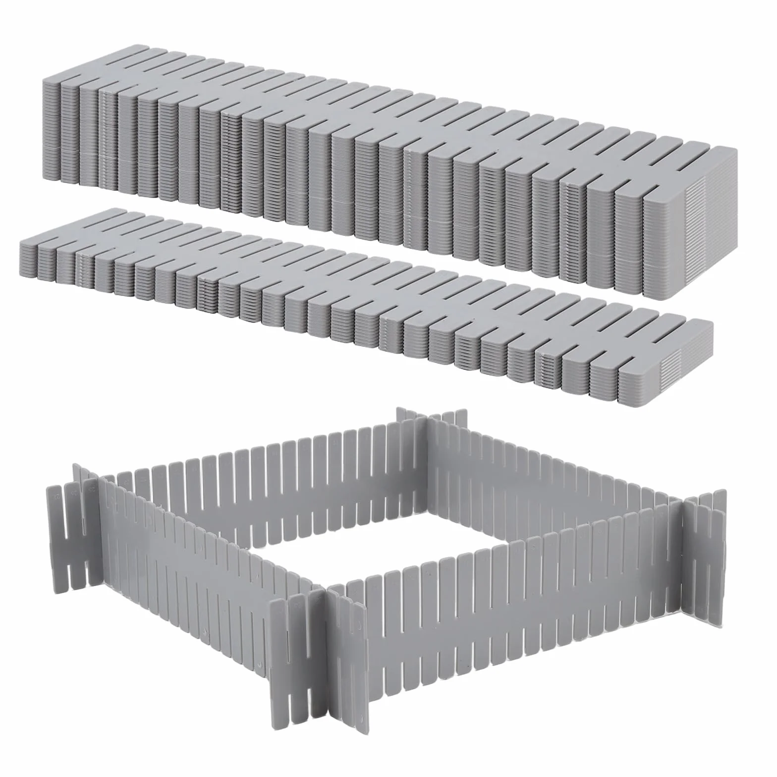 FUNSUEI 48 sztuk regulowanych rozdzielaczy szuflad, 32 x 7 cm, z tworzywa sztucznego, szare separatory szuflad do szafy na ubrania, kuchni i łazienki