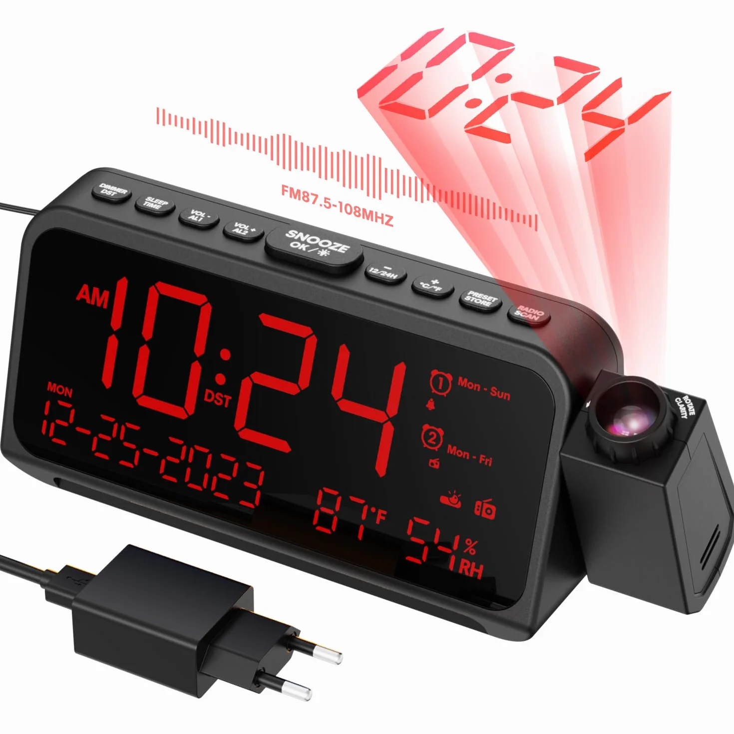 Budzik z projekcją dla sypialni, zegar z projekcją z 5 trybami przyciemnienia, nocne światło, tryb weekendowy/dni roboczych, ładowarka Typ C/USB, 12/24H/DST, drzemka, zapasowe zasilanie bateryjne