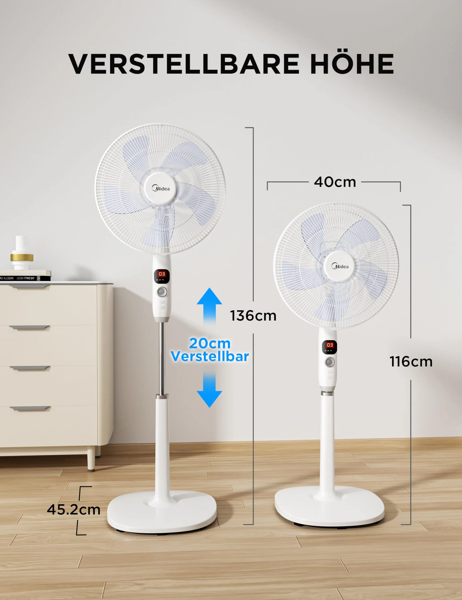 Midea FS40-16CR DC wentylator stojący, cichy, z pilotem zdalnego sterowania, 12 prędkości, timer 12 h, 4 tryby, wskaźnik LED, energooszczędny, 27 dB, regulacja wysokości, cyrkulacja powietrza, biały