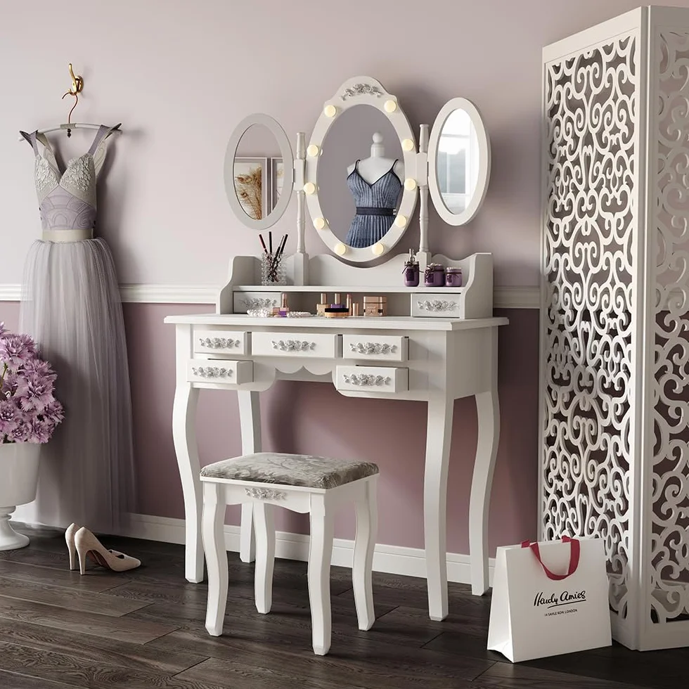 Vicco Stół do toalety "Diana", Biały, 90 cm | z oświetleniem i stołkiem, avec éclairage LED et tabouret, miroir réglable en hauteur
