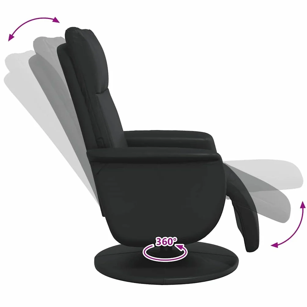 Fotel relaksacyjny z podnóżkiem, czarny, sztuczna skóra, obrotowy, z funkcją leżenia, ergonomiczny, wygodny, do salonu, biura, kącika do czytania, kominka