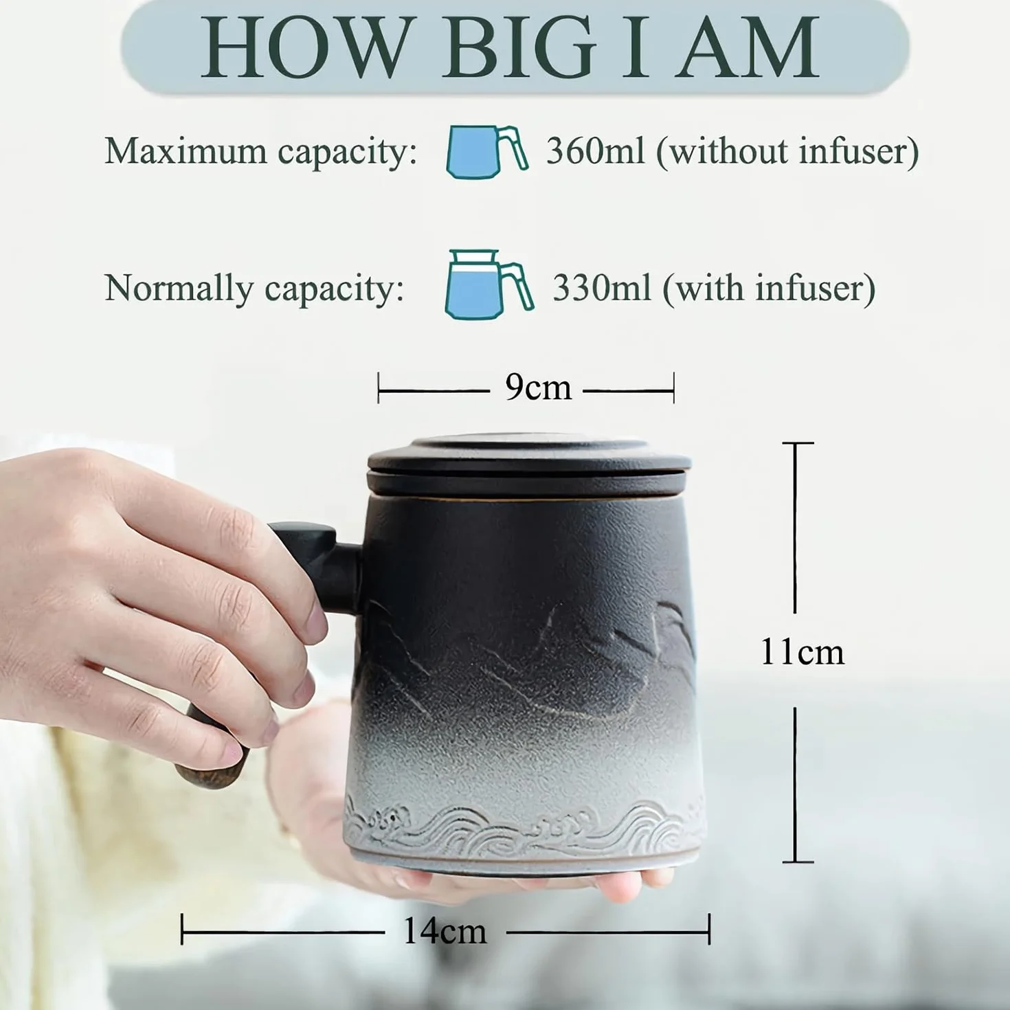 Filiżanki do herbaty z sitkiem i pokrywką, 360 ml, matowa ceramiczna filiżanka do herbaty z gradientowym wzorem, drewniany uchwyt, kubek do herbaty dla miłośników herbaty, prezent dla miłośników