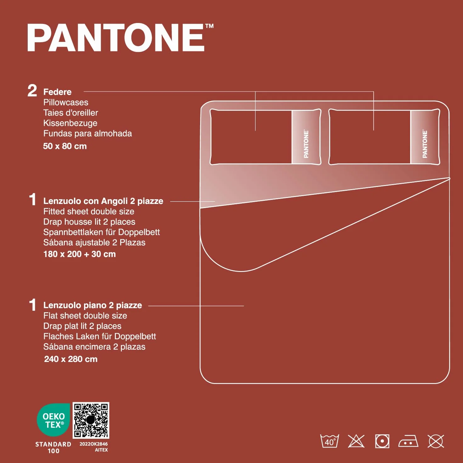 PANTONE™ - komplet pościeli bawełnianej na łóżko dwuosobowe 240 x 280 cm + prześcieradło z gumką z podwójnym łóżkiem, ochraniacz na materac 180 x 200 cm, z gumkami do materaca o wymiarach do 30 cm i