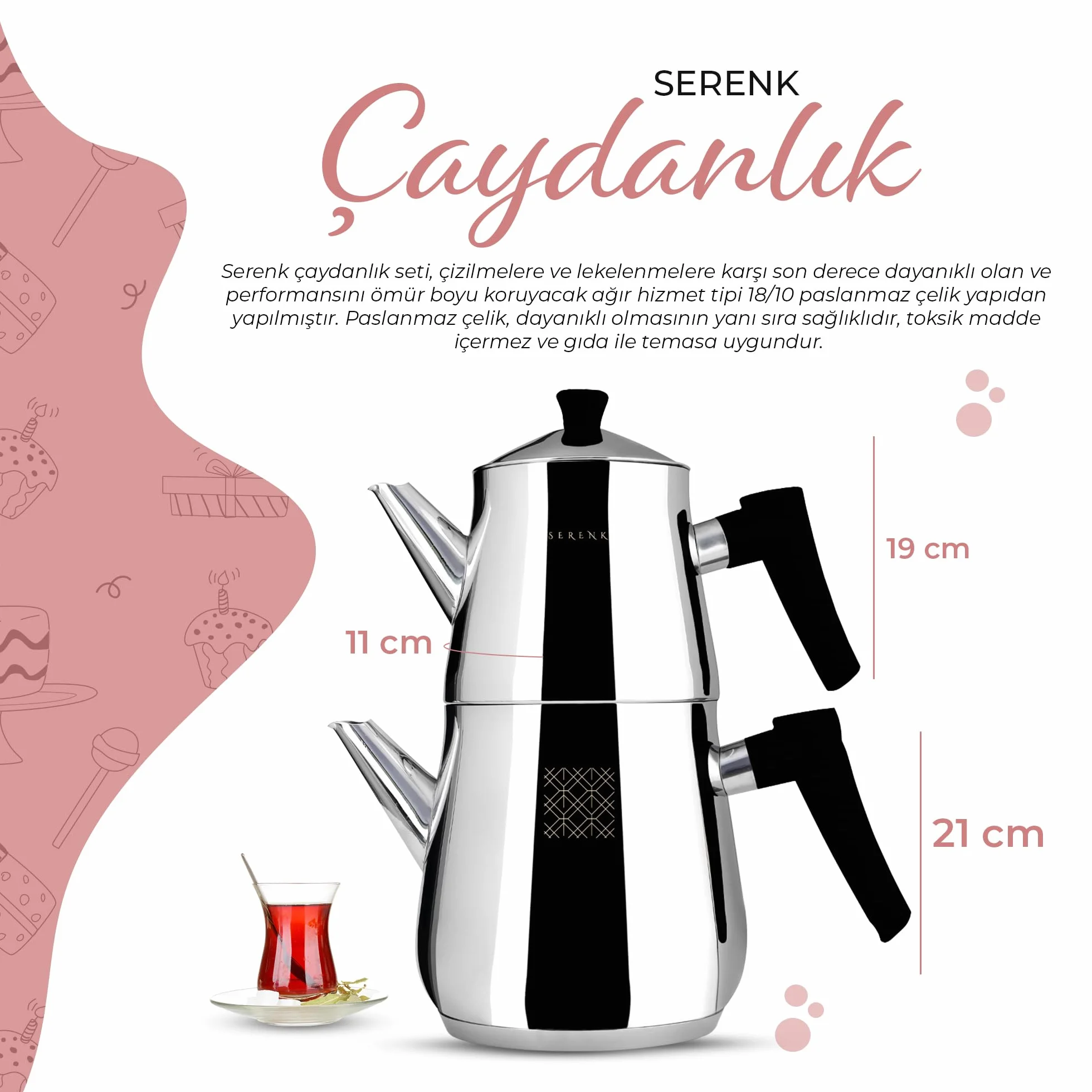 Zestaw dzbanek do herbaty Serenk Definition ze stali nierdzewnej, dzbanek 1L i niższy dzbanek 2L, podwójnie składany projekt, kompatybilny z indukcją, wykończenie zwierciadlane, czajnik do herbaty do