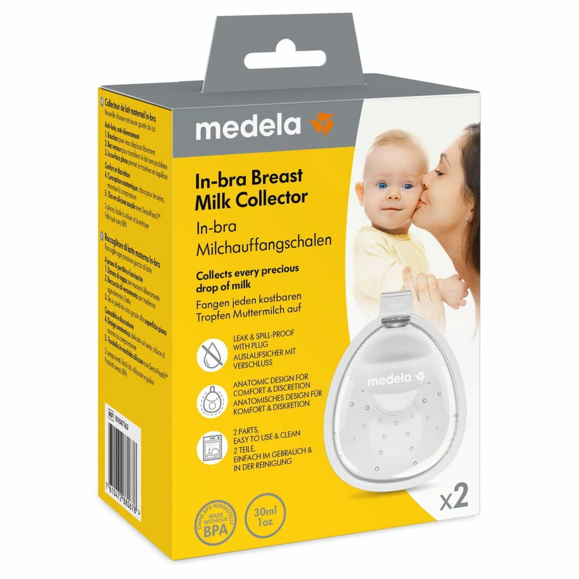 Medela In-bra pojemnik na mleko matki, szczelna konstrukcja z elastycznym korkiem, anatomiczny kształt, nie zawiera BPA, łatwy do czyszczenia i nadaje się do mycia w zmywarce, pojemność 30 ml