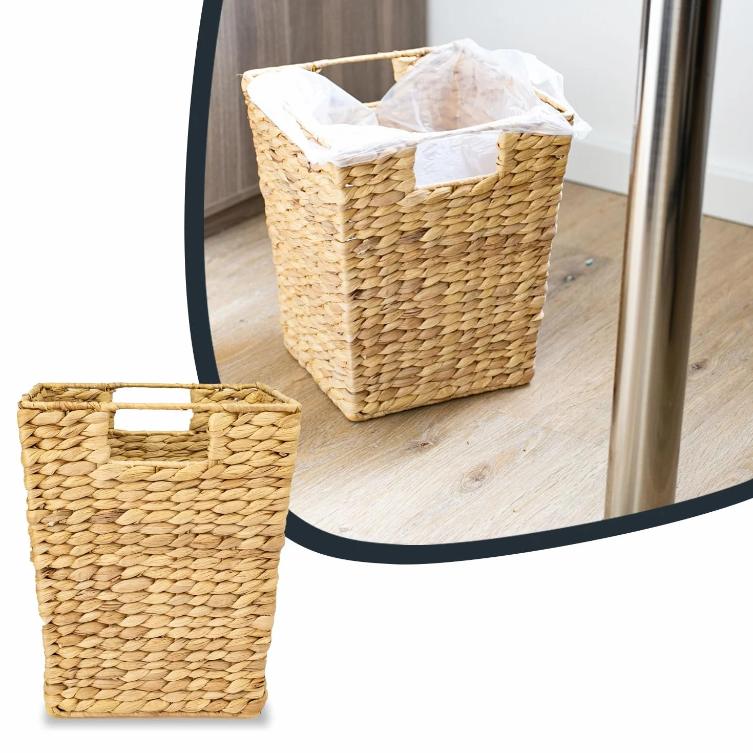HMF Kosz na śmieci pleciony z hiacyntu wodnego kwadratowy 25 x 25 x 30 cm 2 uchwyty