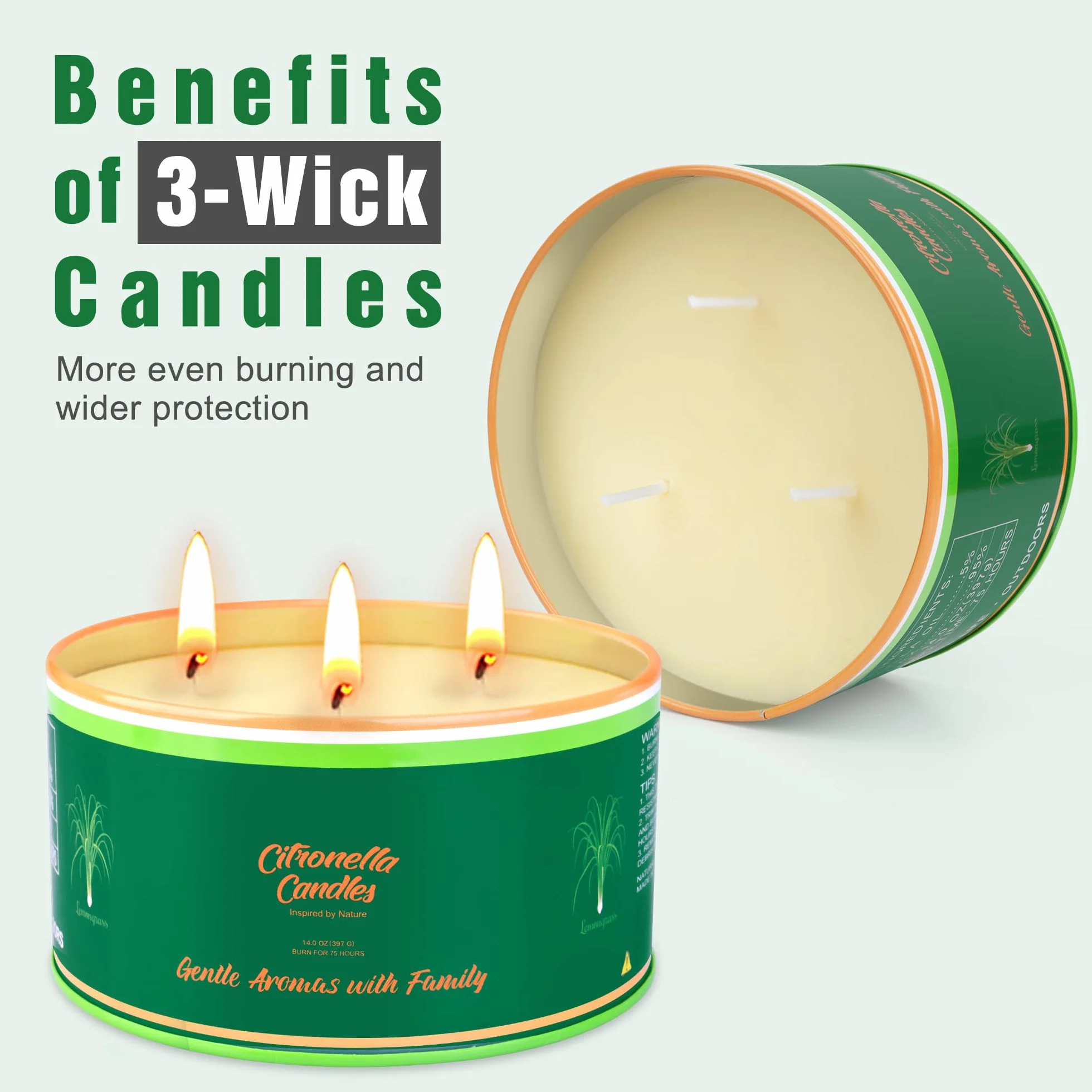 Citronella świeca outdoorowa, ZESTAW 2 SZTUK, każda 400 ml świeca ogrodowa, 3 knoty, czas palenia 75 godzin/sztuka (łącznie 150 godzin), naturalne świece z wosku sojowego na kemping, taras, do ogrodu