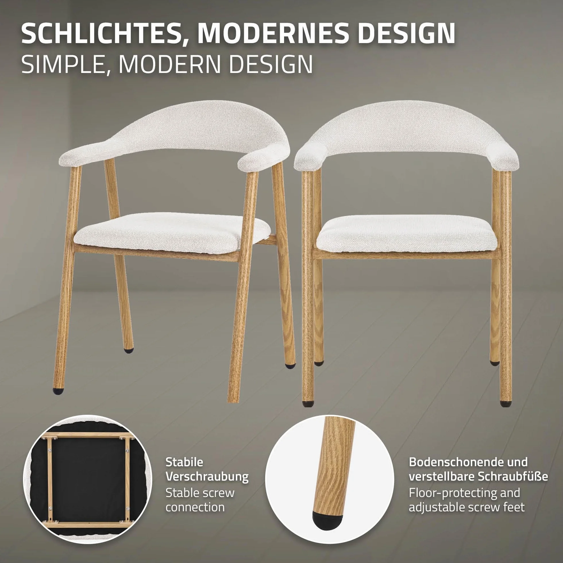ML-Design Krzesla do Jadalni 2 Szt z Podlokietnikami Bezowy, Tapicerowane Krzesla Kuchenne z Oparciem, Ergonomiczne Fotele do Salonu z Tkanina Pleciona i Metalowymi Nogami w Drewnianym Stylu