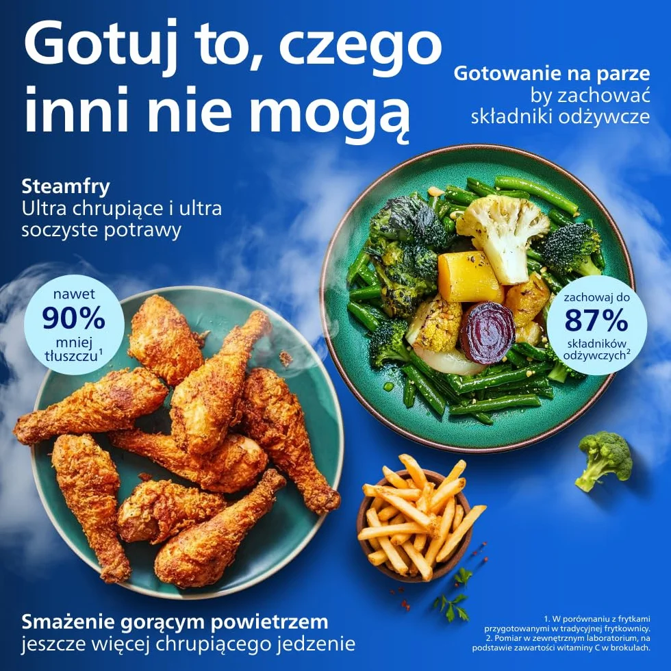Philips Ovi z parą - Steamfry, Gotowanie na parze i Airfry - 21 sposobów gotowania; Pojemność 7,2 l, Technologia RapidAir, Okienko, Powłoka ceramiczna, Automat. czyszczenie parą (NA540/00)
