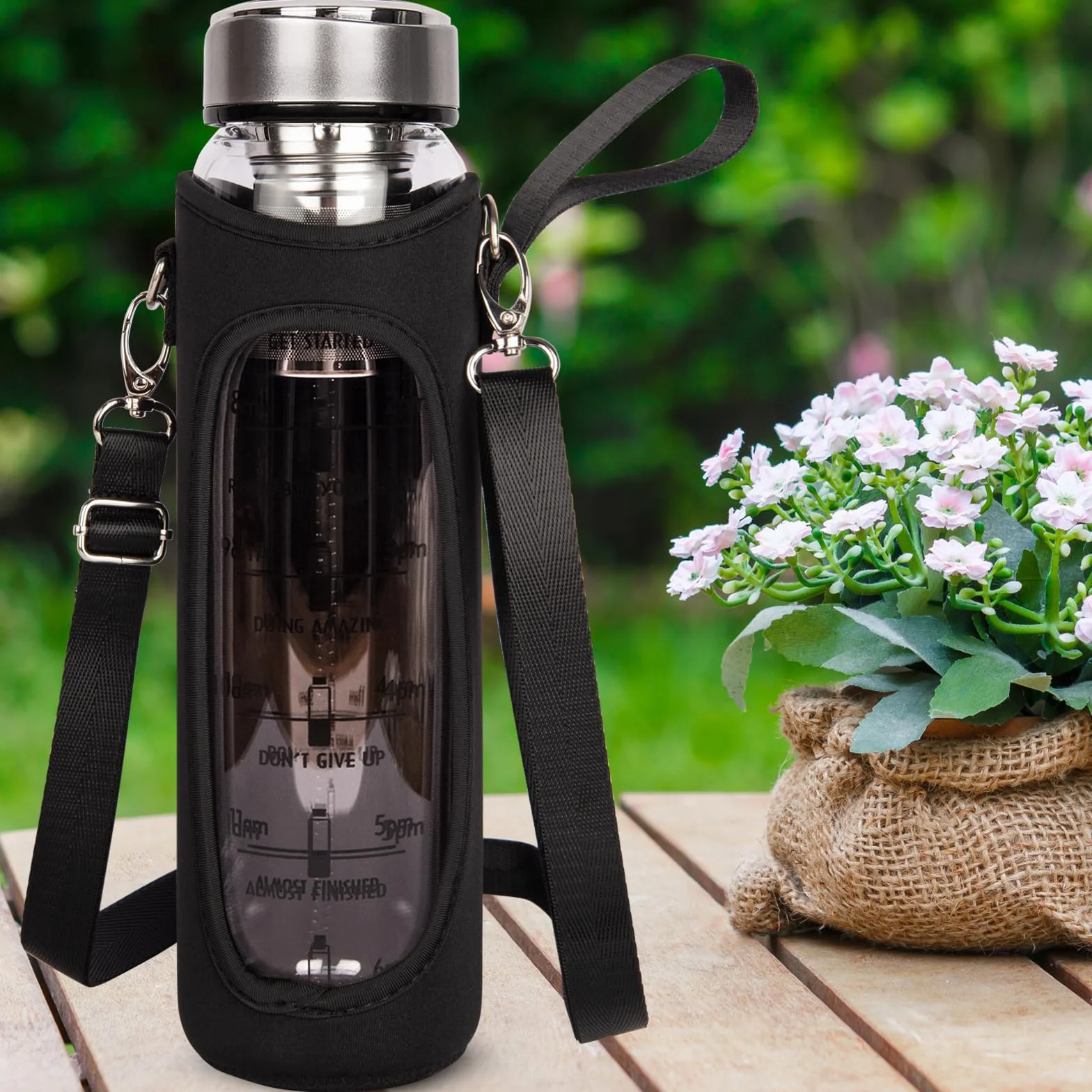 1 l / 1000 ml szklana butelka na wodę ze znacznikami czasu, 1 litrowa butelka do picia herbaty z zaparzaczem ze stali nierdzewnej, luźna herbata liściasta, kawa na zimno