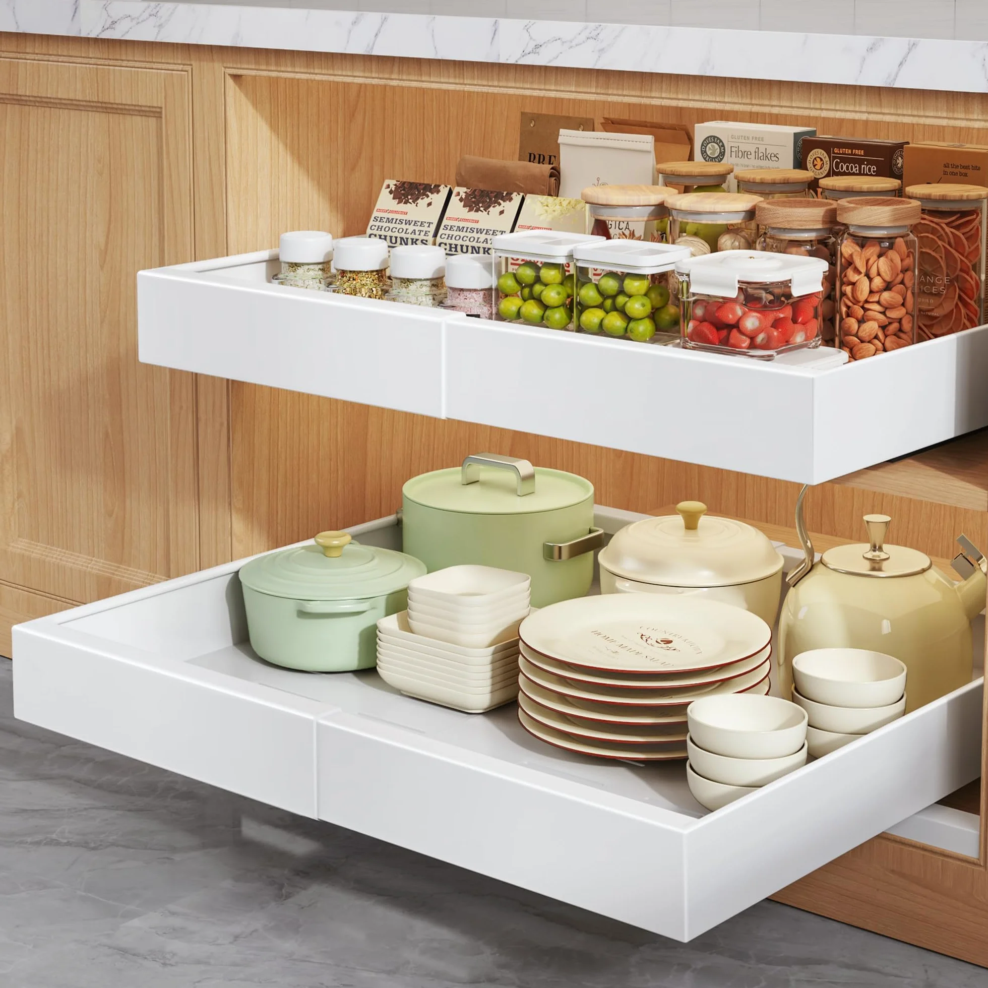 Rozszerzalny wysuwany organizer do szafek, 53 cm, głębokie, 2 szt., odklej i przyklej, wysuwana szuflada do szafki kuchennej, wysuwane półki do organizacji spiżarni kuchennej, regulowana szerokość 32