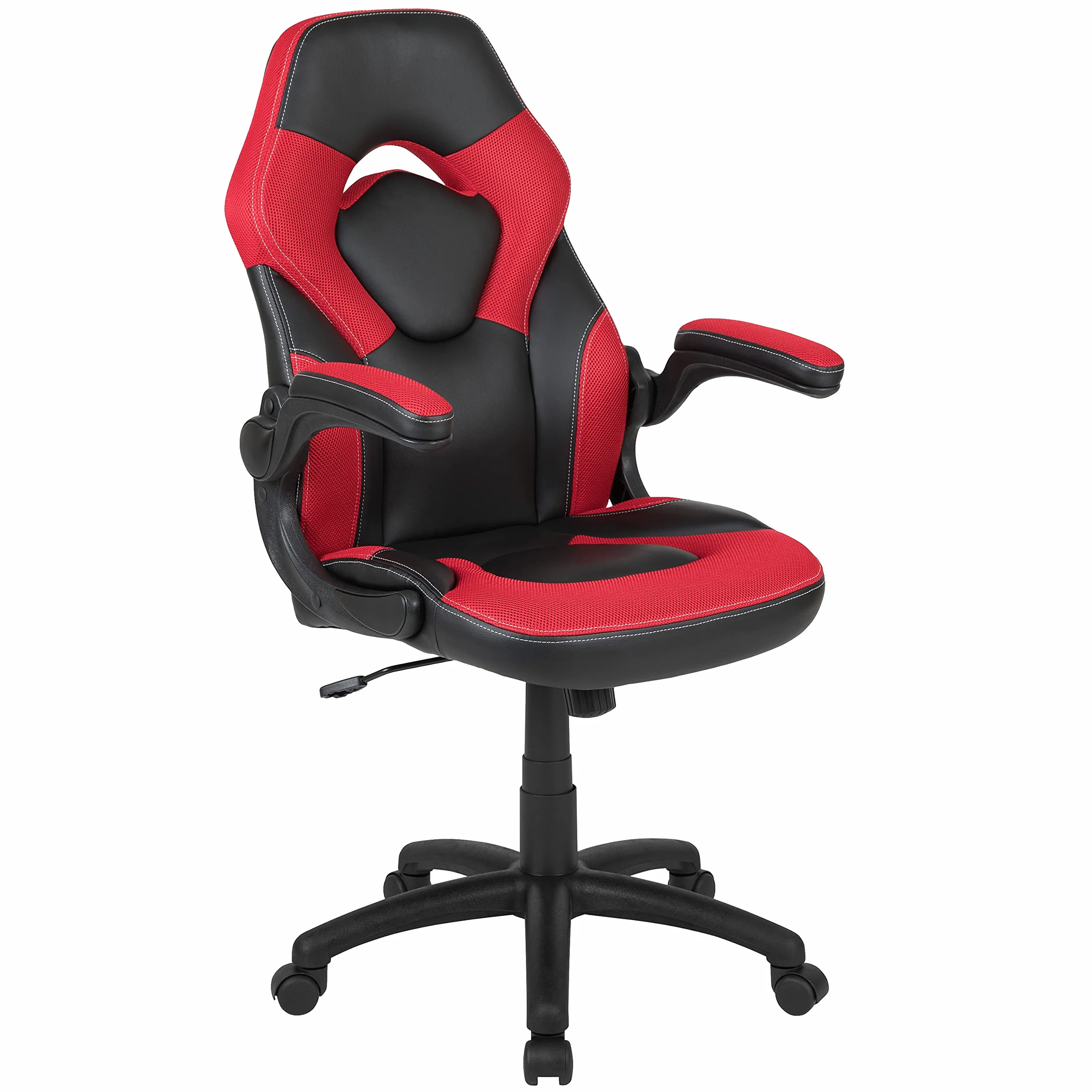 Flash Furniture X10 fotel gamingowy do biura, ergonomiczny, komputerowy, regulowany, obrotowy fotel z podnoszonymi podłokietnikami, czerwono-czarna skóra, miękka