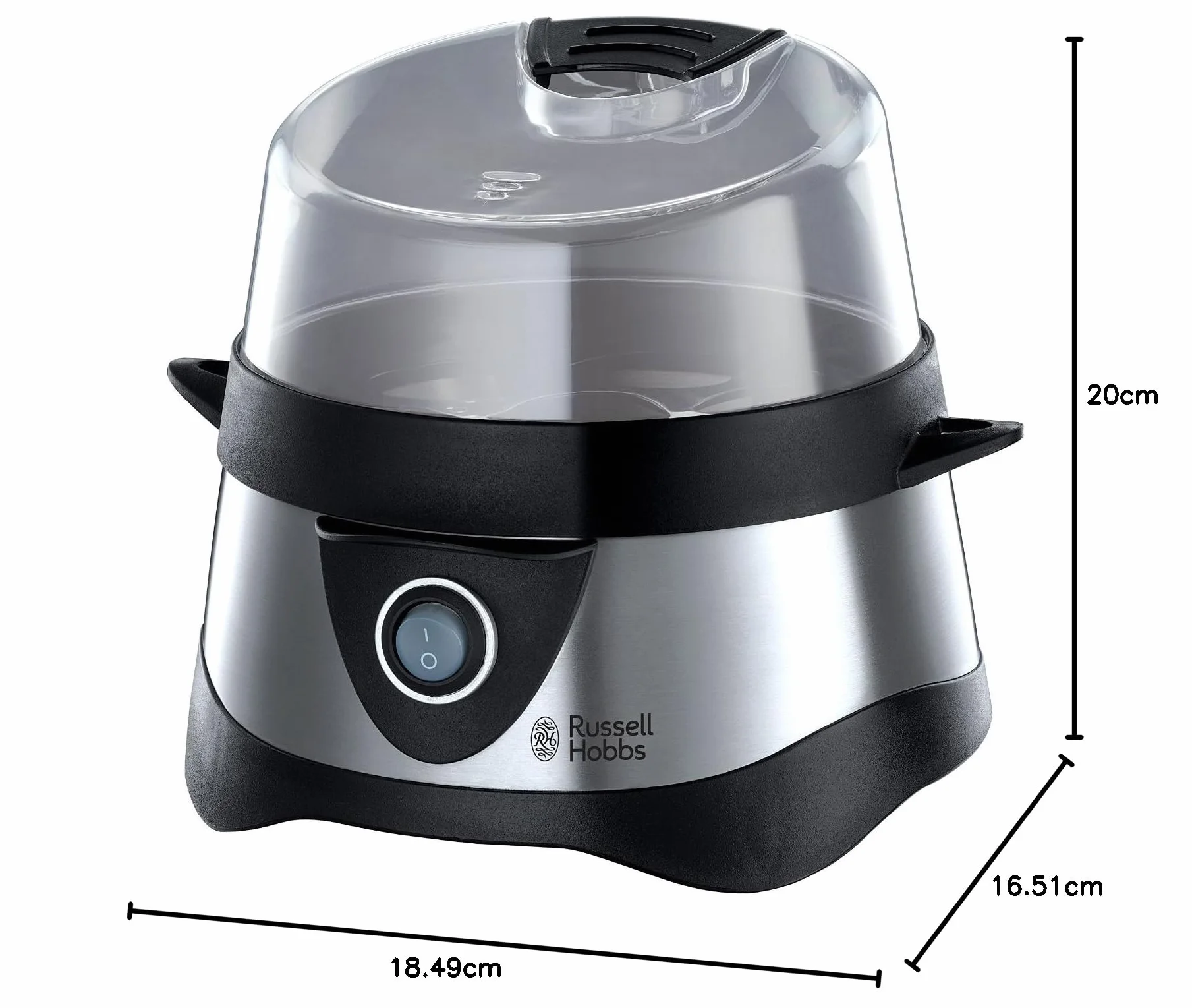 Russell Hobbs jajowar, regulacja twardości jaj, wutomatyczne wyłączenie, wyjmowane elementy, do 7 jaj gotowanych, do 3 jaj sadzonych, stal nierdzewna, plastikowa pokrywka, moc 365W, jajowar 14048-56