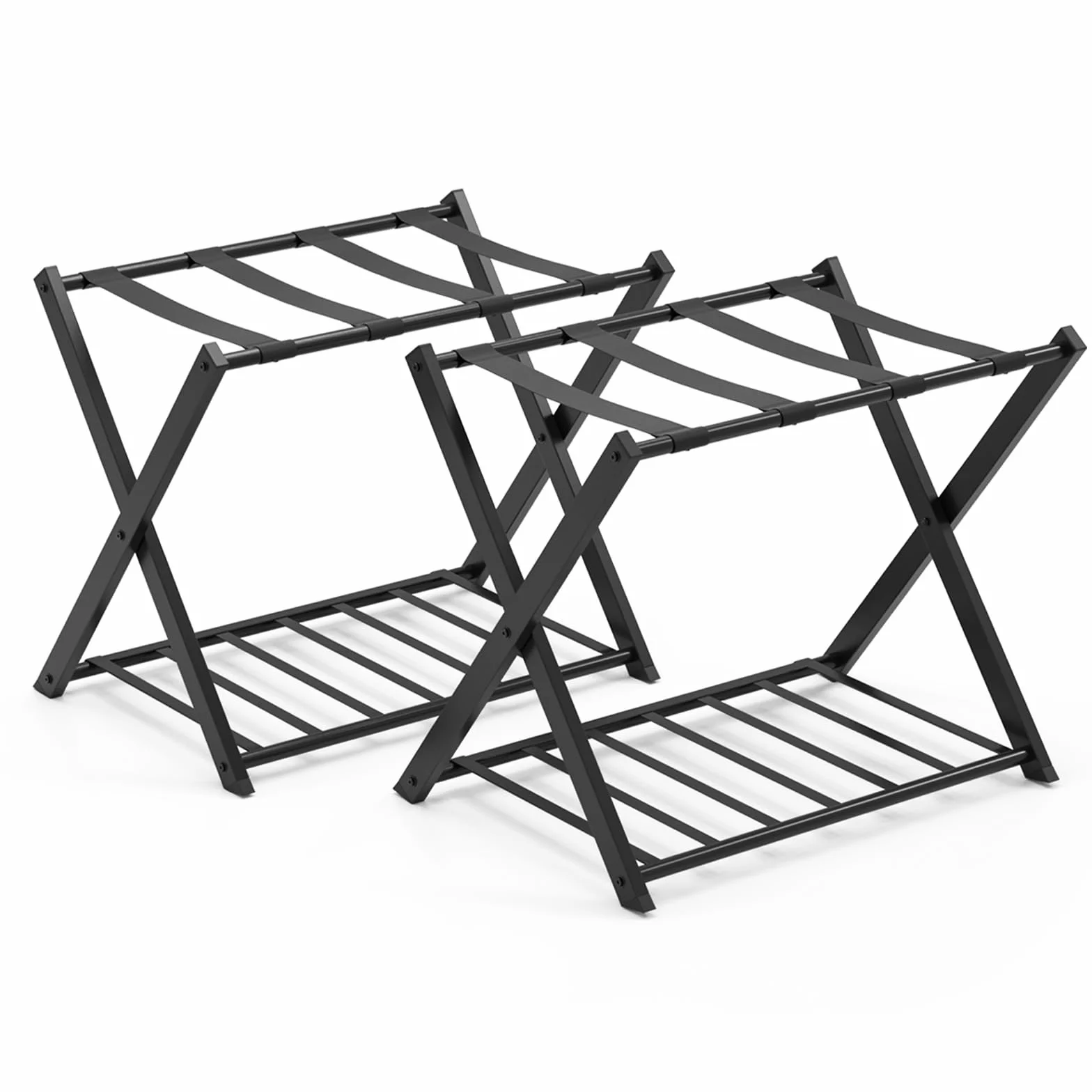 GIANTEX Składana walizka na bagaż, metalowy bagażnik na walizkę/bagaż z 2 poziomami i 4 paskami, do sypialni, hotelu, 68 x 43 x 58 cm, czarny (2 szt.)