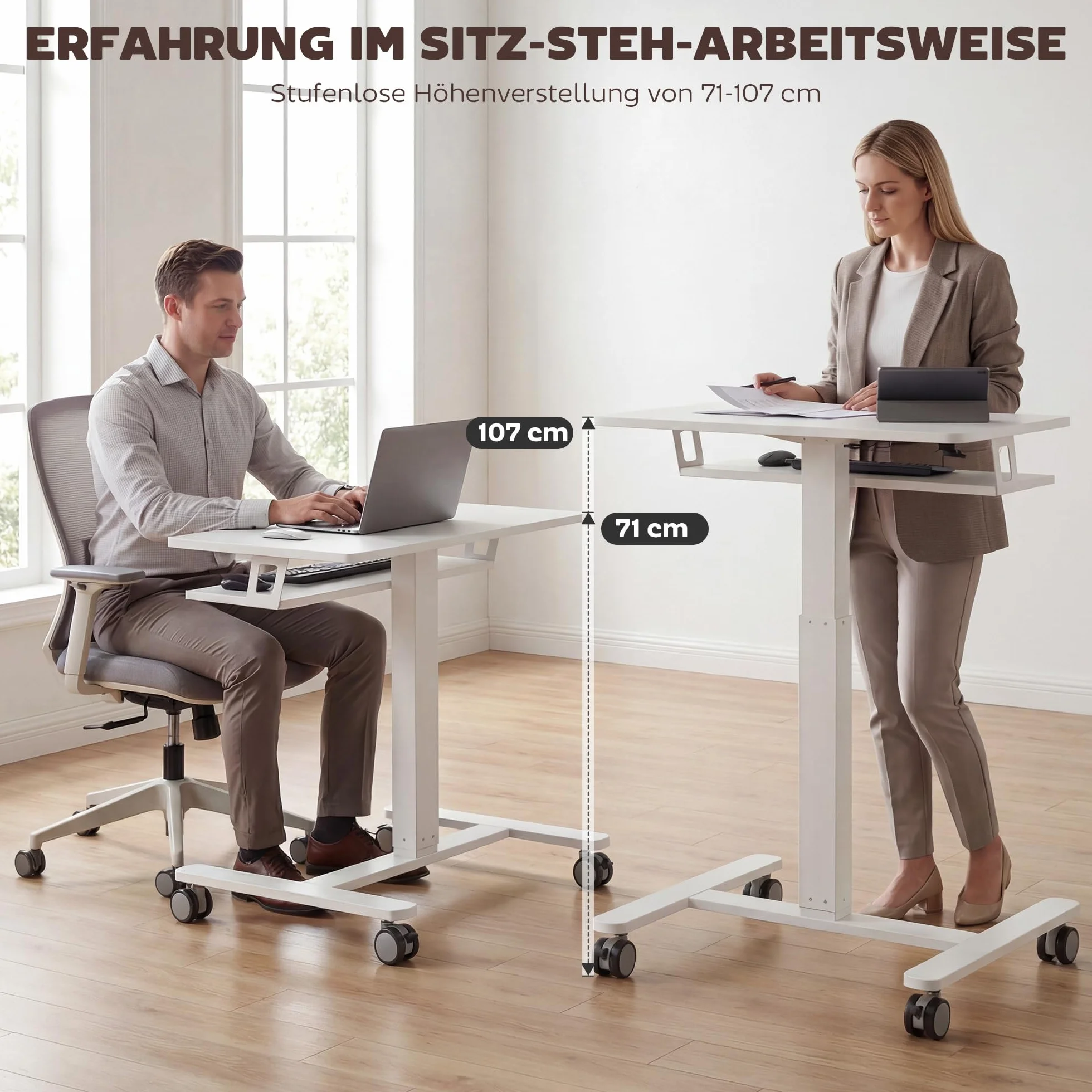 HOMCOM Stolik pod laptopa z regulacją wysokości, pneumatyczny z kółkami, półka na klawiaturę, 71-107 cm, mobilny stolik pomocniczy, biurko na sofę, łóżko, do biura, 65 x 60 cm, biały