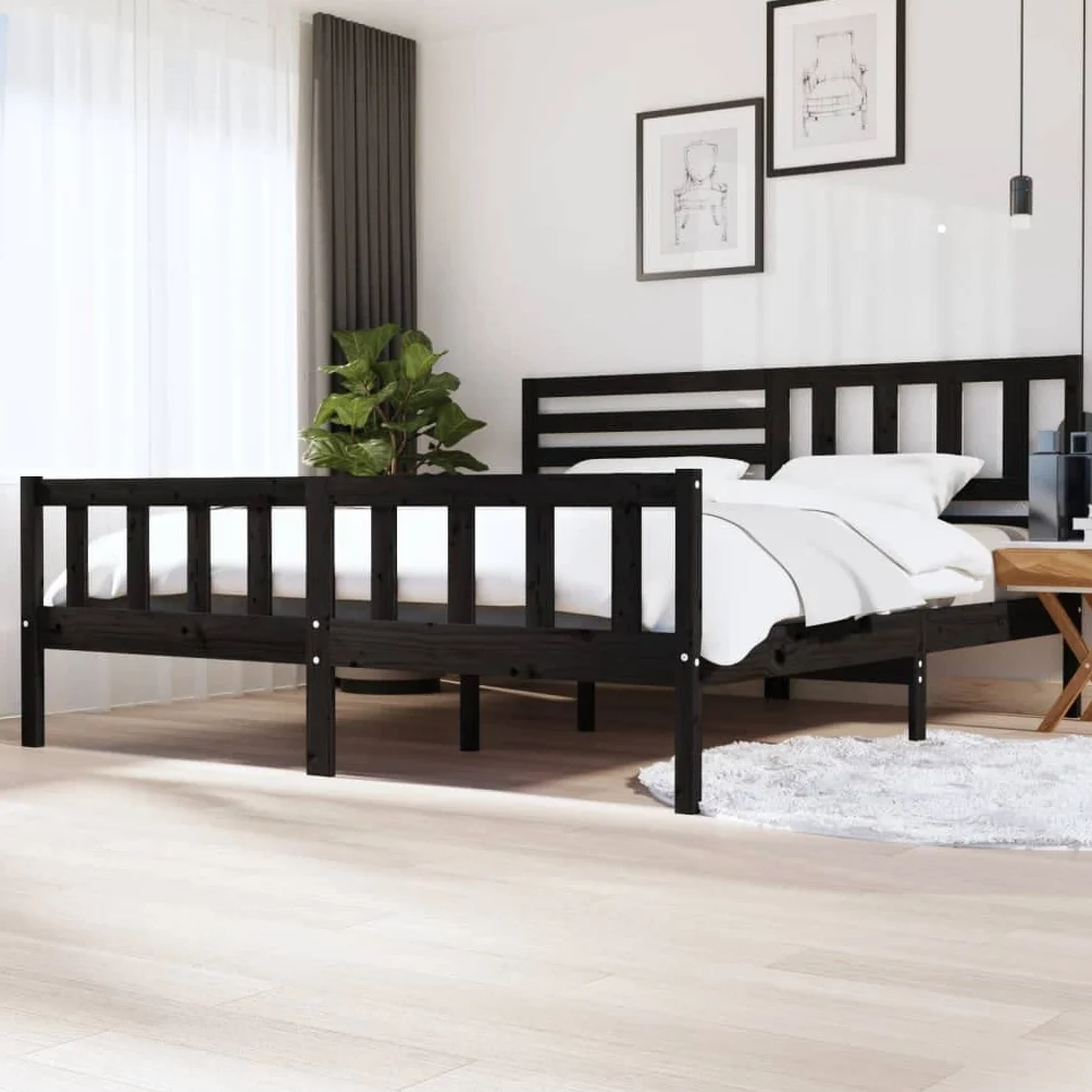 lite drewno sosnowe ponadczasowy design 200x200 cm czarny | Rama łóżka sosnowa czarna 200x200 cm lite drewno z zagłówkiem do sypialni