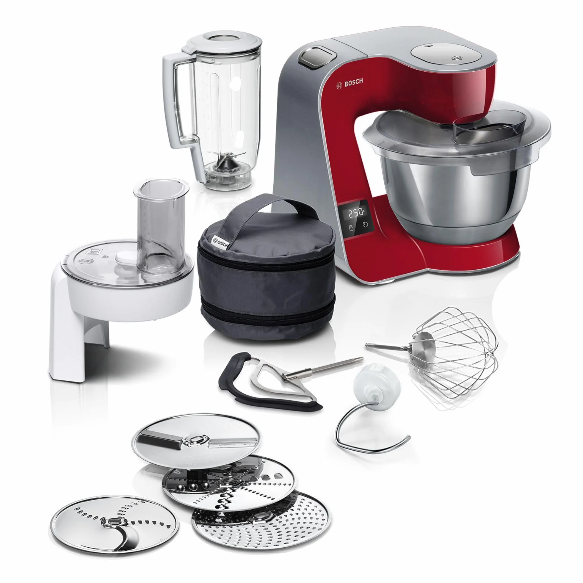 Bosch, mikser stojący, MUM5, 1000 W, 7 ustawień prędkości, miska ze stali nierdzewnej 3,9 l, zestaw do ciast w zestawie, waga, timer, blender, ciągła szatkownica z czterema dyskami, czerwony, MUM5X720