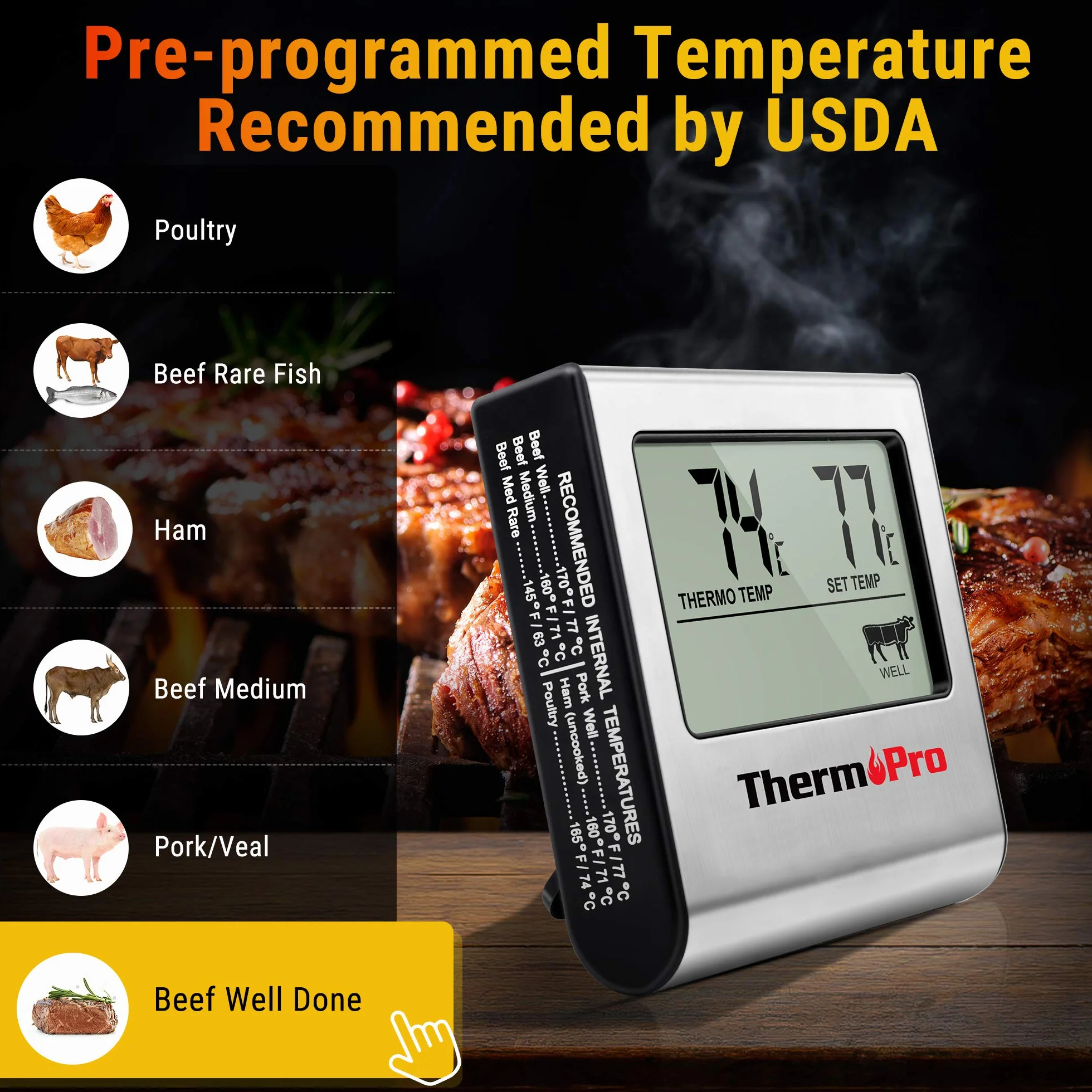 Thermopro Tp16 Cyfrowy Termometr Do Mięsa Z Długą Sondą Temperatury żywności Ze Stali Nierdzewnej Do Płynów, Piekarnika, Wędzarni, Słodyczy, Głębokiego Smażenia Termometr żywności Z Alarmem Czasowym