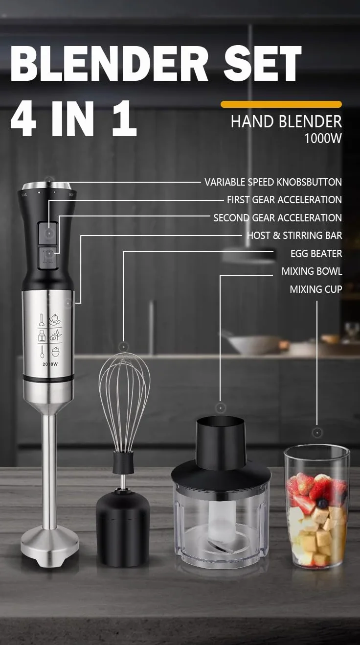 Ręczny blender 4 w 1, mocny blender emulsyjny ze stali nierdzewnej o mocy 1000 W, ręczny z 2-stopniową regulacją, zawiera miarkę, rozdrabniacz i trzepaczkę, idealny do miksowania zup i koktajli