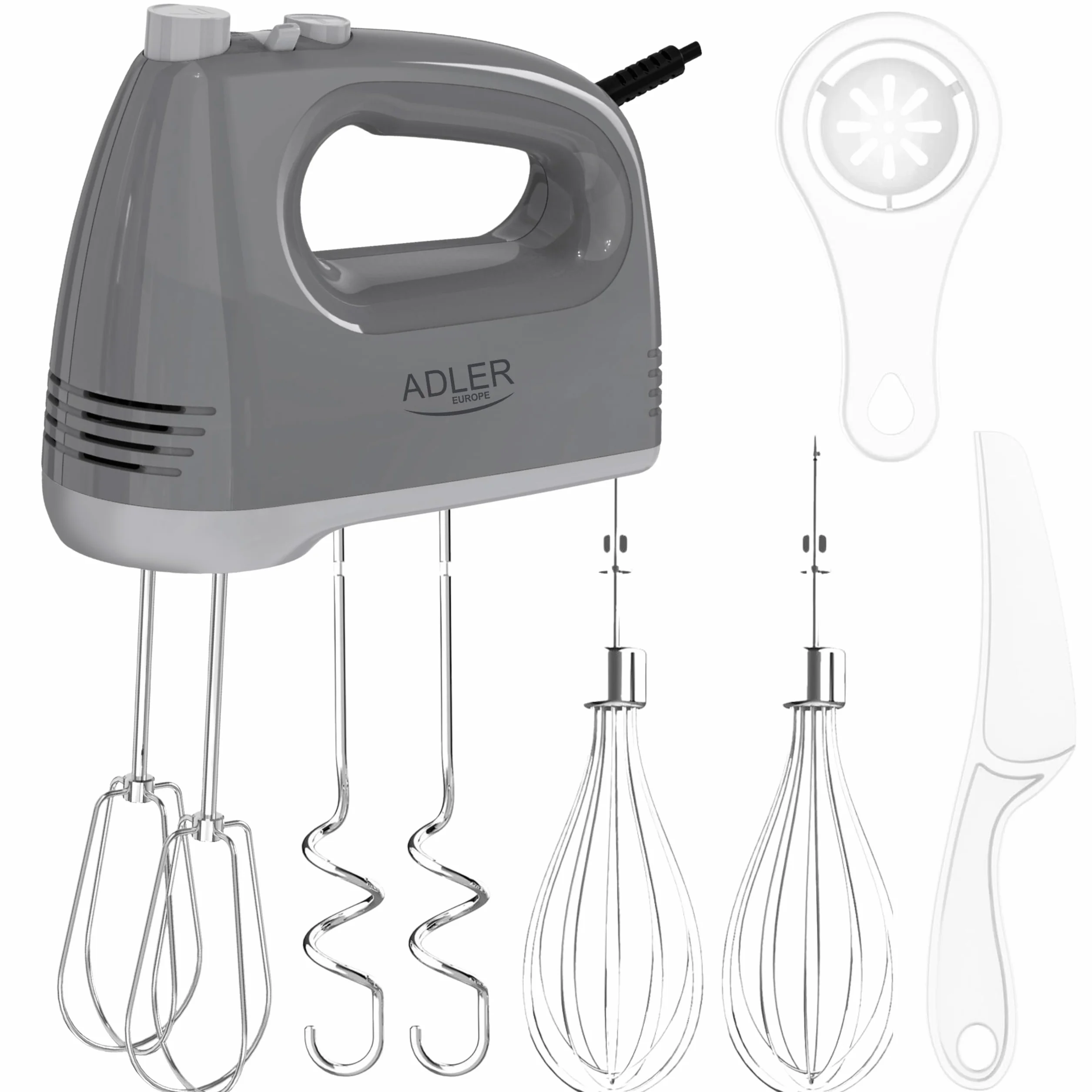 ADLER AD 4231 Mikser Ręczny 750W 5 Prędkości Turbo Końcówki Stal Nierdzewna 21 cm Szary