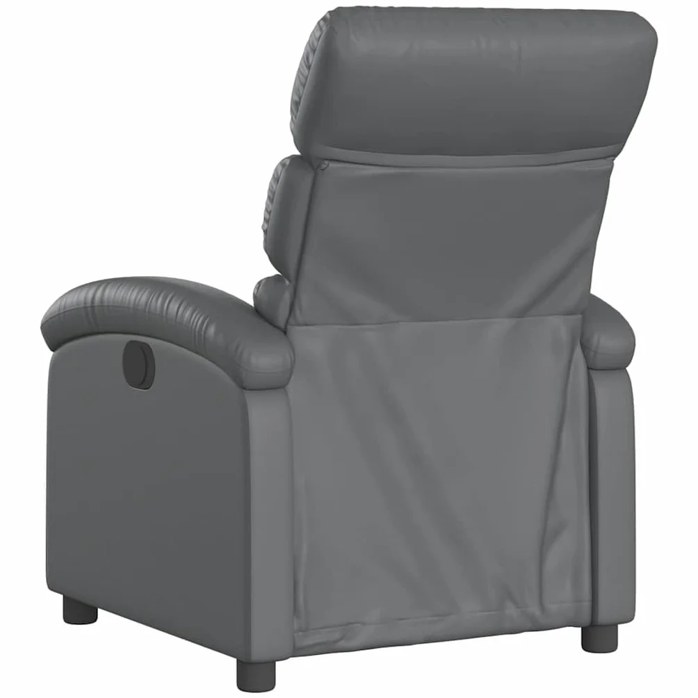 Fotel relaksacyjny, szary, sztuczna skóra z ręczną funkcją leżenia, stabilna rama metalowa, szerokie podłokietniki, kieszeń boczna i ergonomiczny komfort do salonu, biura i kącika do czytania