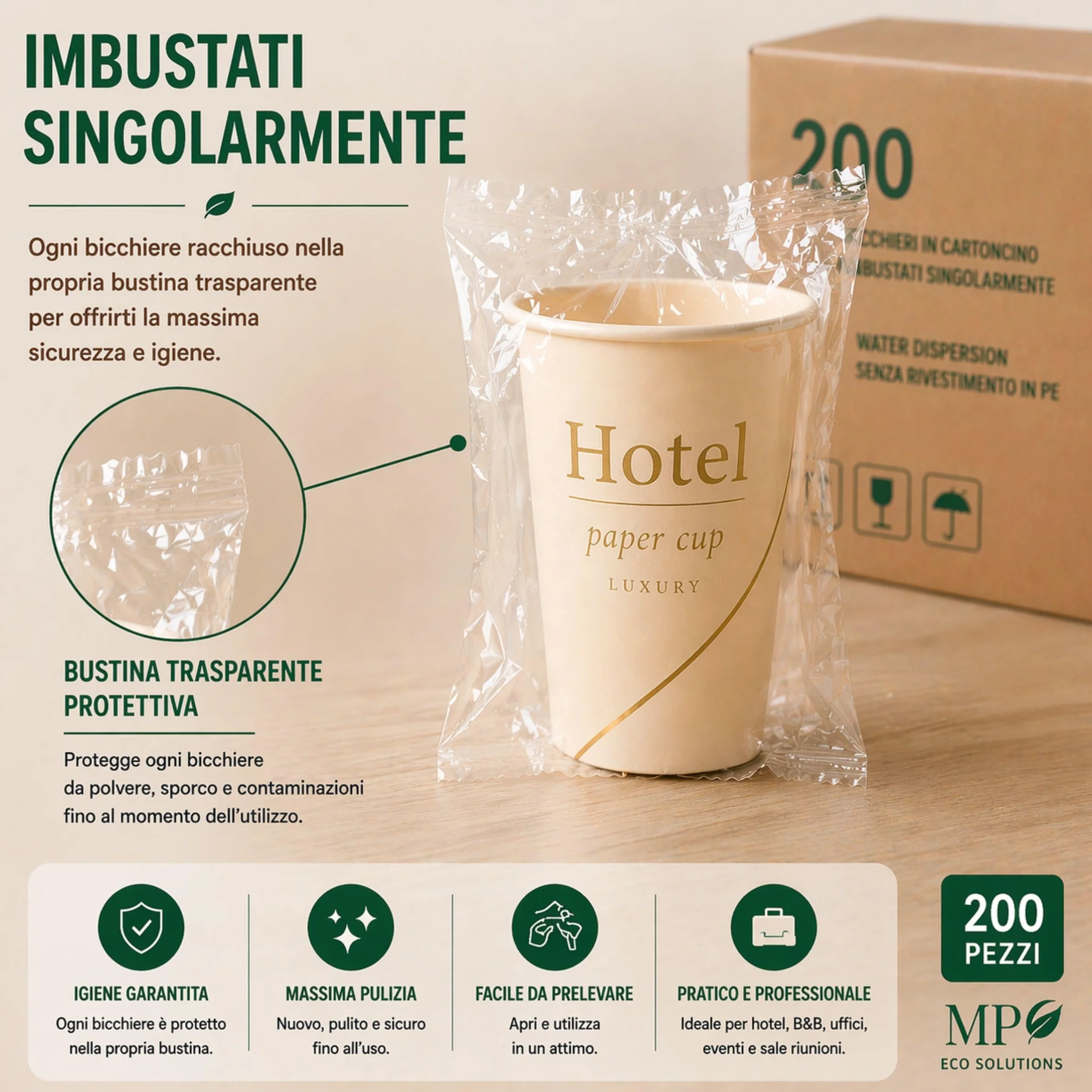 Generico Mecup Jednorazowe papierowe kubki pojedynczo pakowane jednorazowe kubki gorące i zimne napoje do hotelu lub b&b (200, HOTEL)