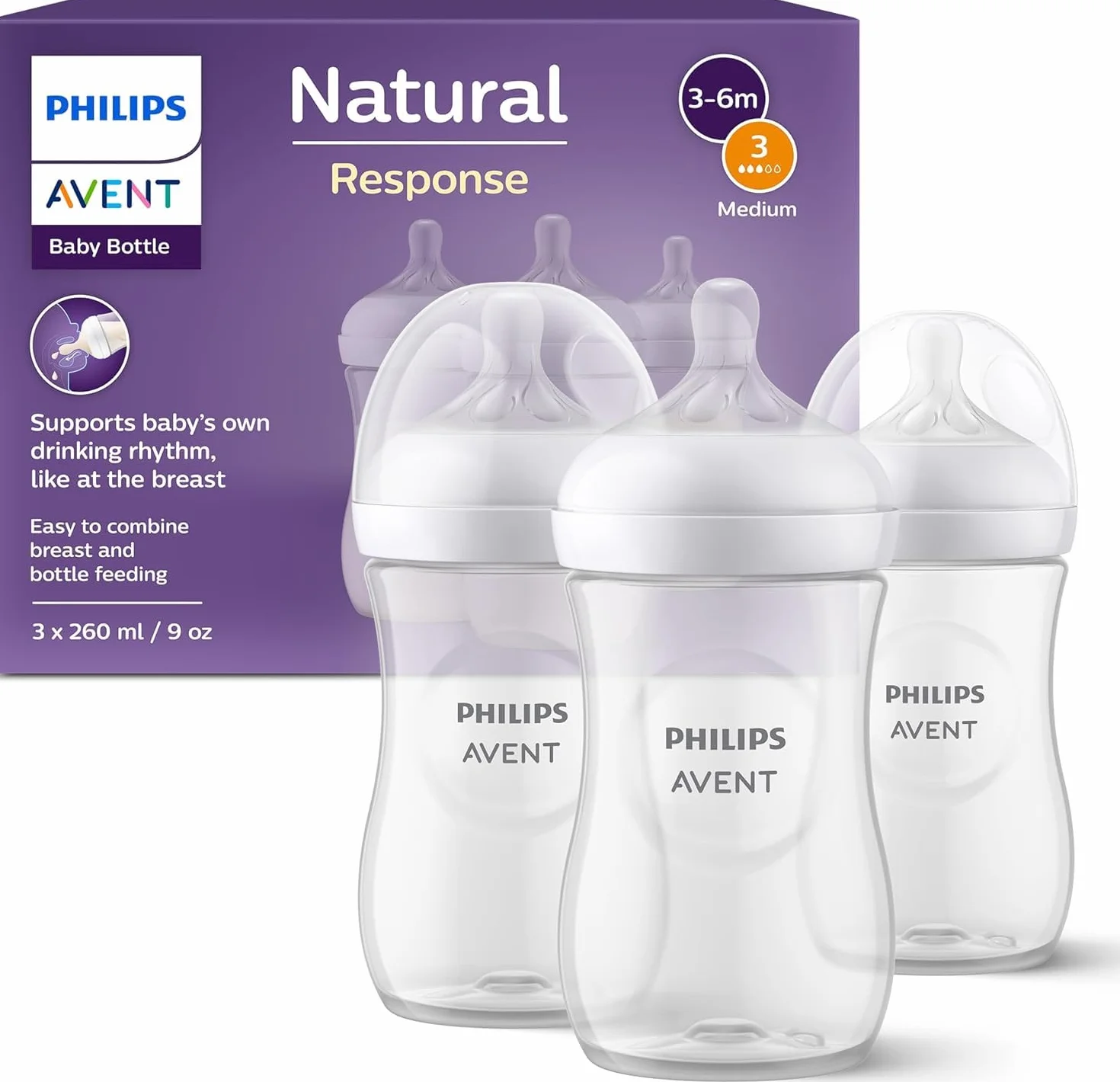 Philips Avent butelka Natural z Responsywnym smoczkiem 260ml, 3 szt. (model SCY903/03)