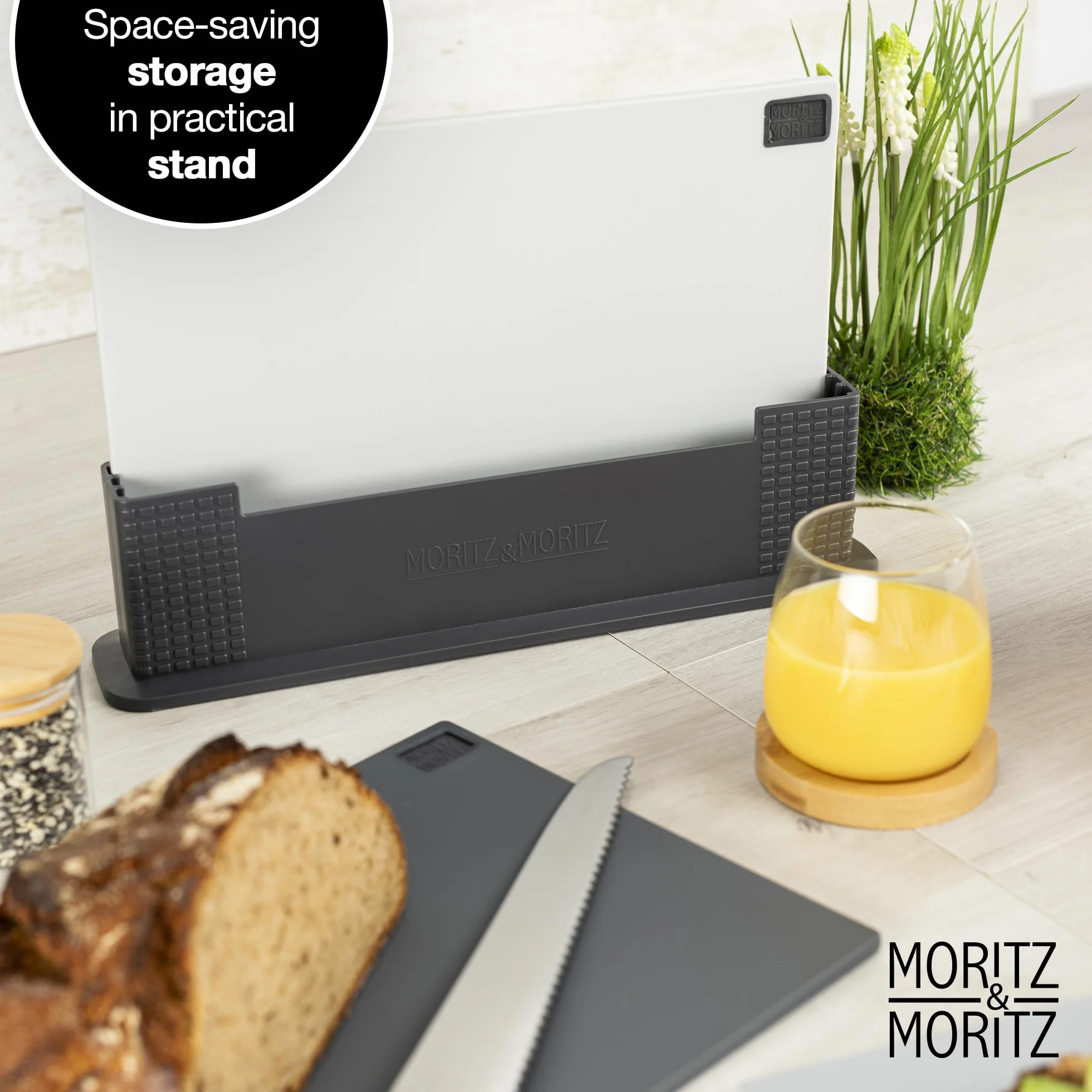 Moritz & Moritz 3x Deska do krojenia z plastiku - 32 x 22 cm - W praktycznym stojaku – Duża deska kuchenna – Nadaje się do zmywarki i higieniczna